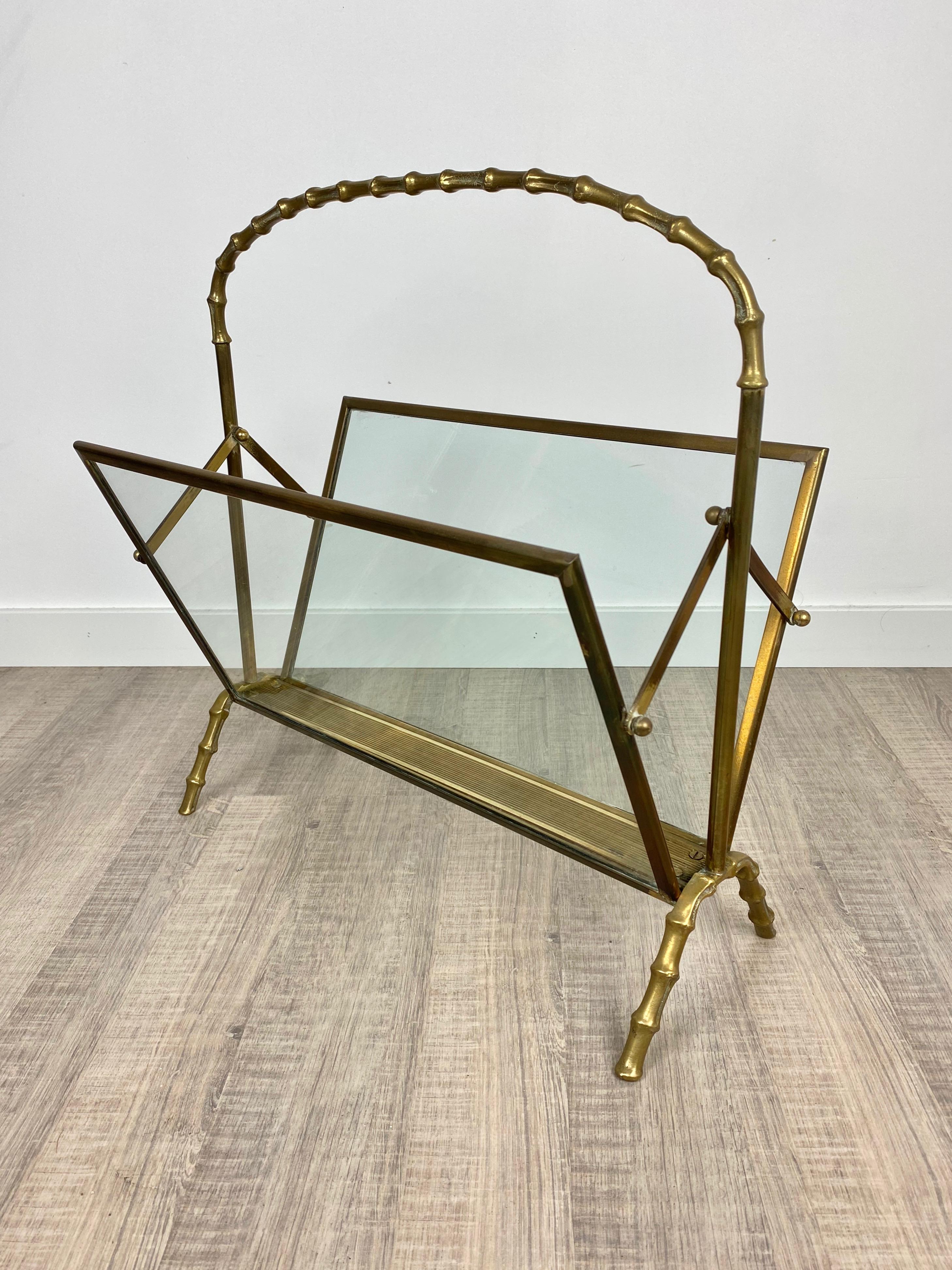 Mid-Century Modern Maison Baguès Magazine Rack Stand Faux Bamboo Brass Glass, France, 1950s