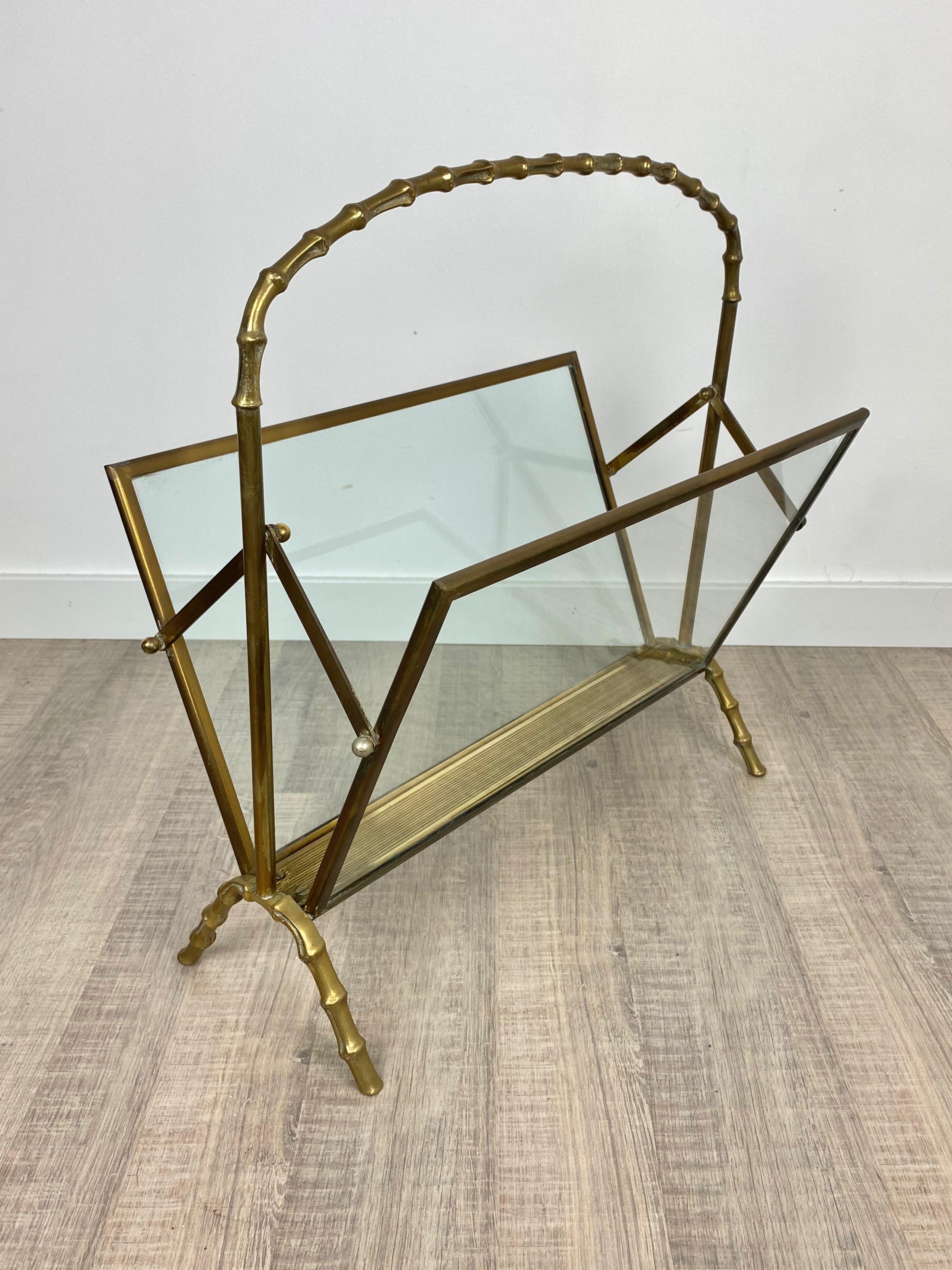 French Maison Baguès Magazine Rack Stand Faux Bamboo Brass Glass, France, 1950s