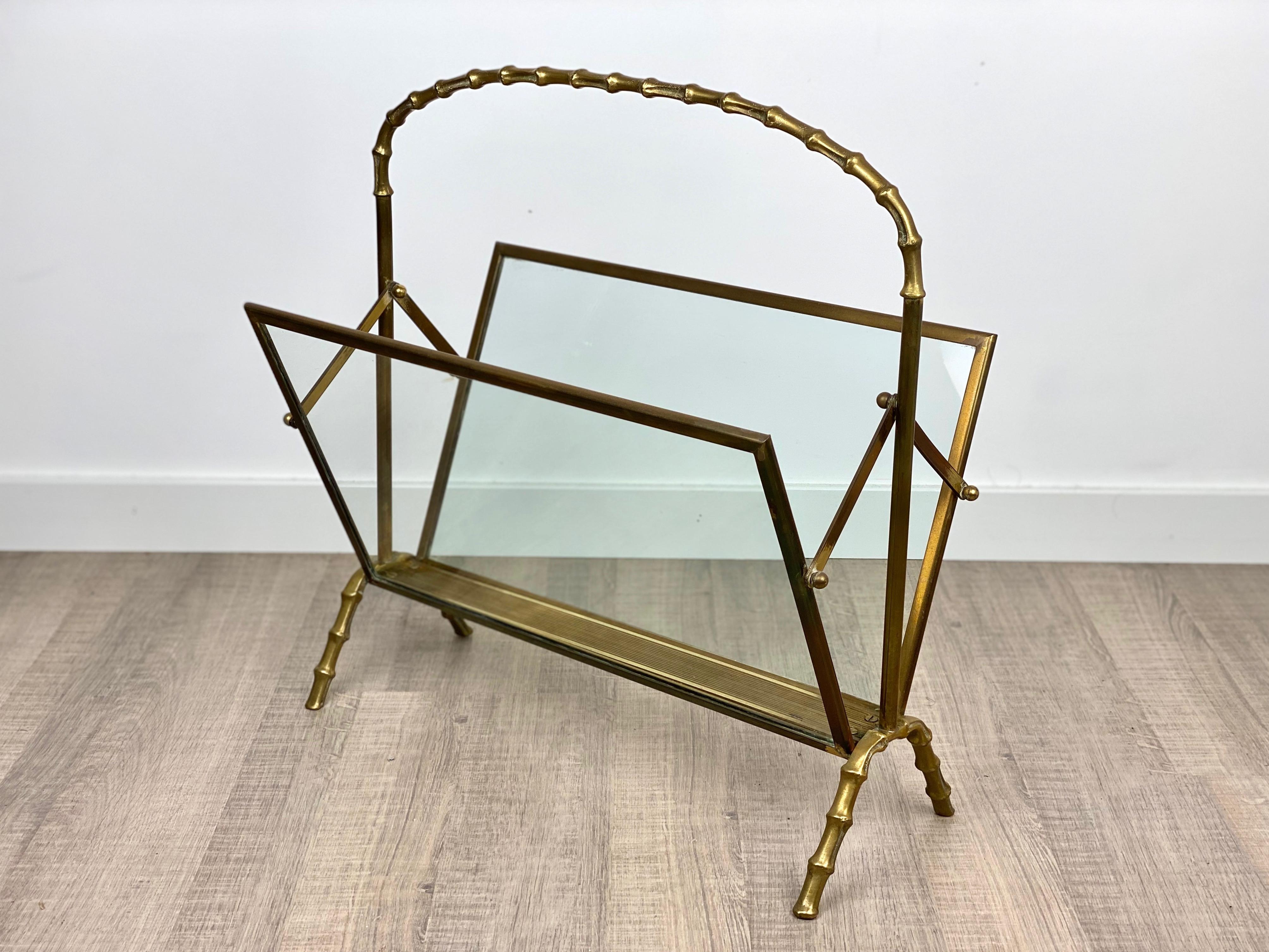 Mid-20th Century Maison Baguès Magazine Rack Stand Faux Bamboo Brass Glass, France, 1950s For Sale