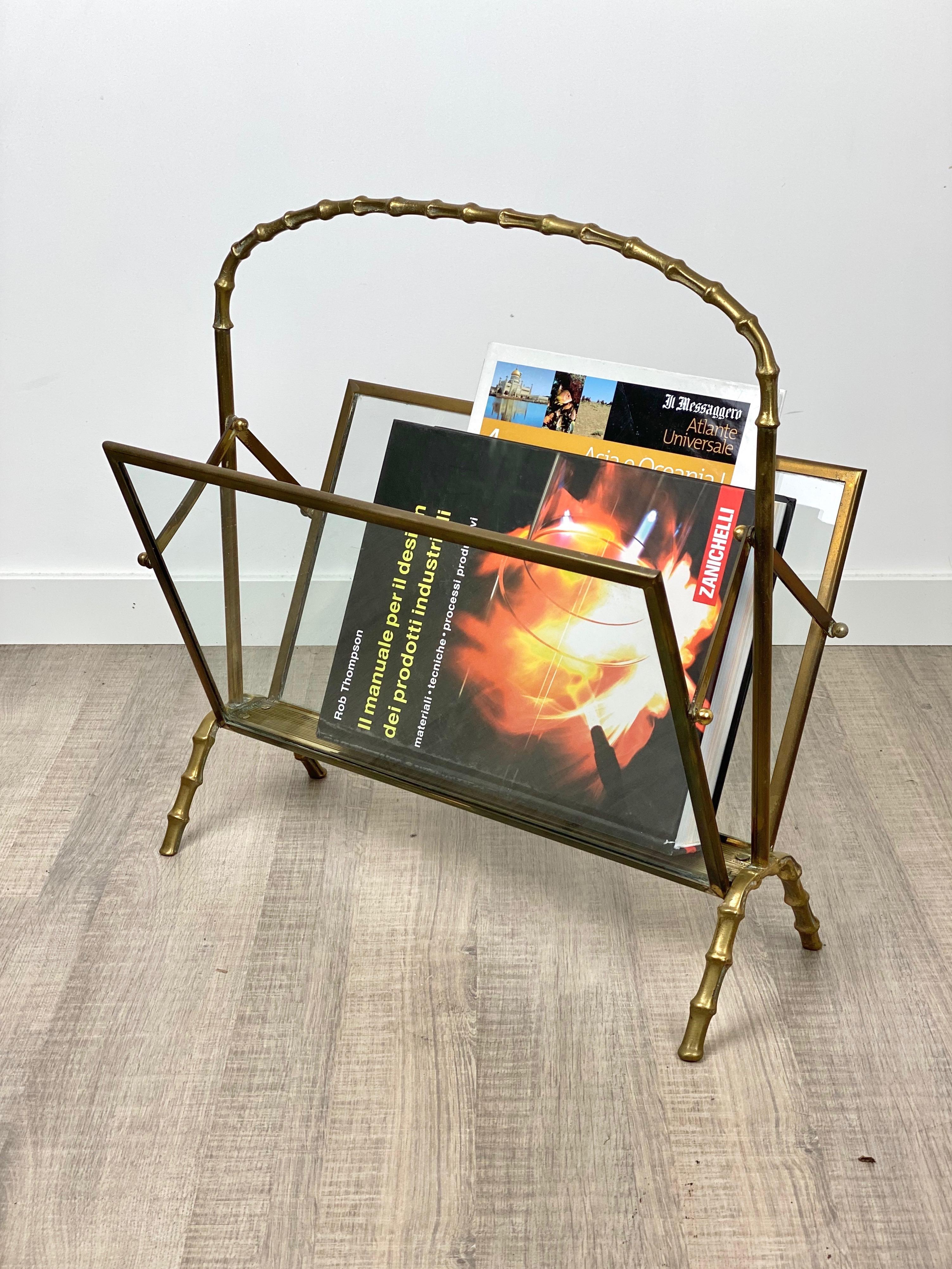 Maison Baguès Magazine Rack Stand Faux Bamboo Brass Glass, France, 1950s 1