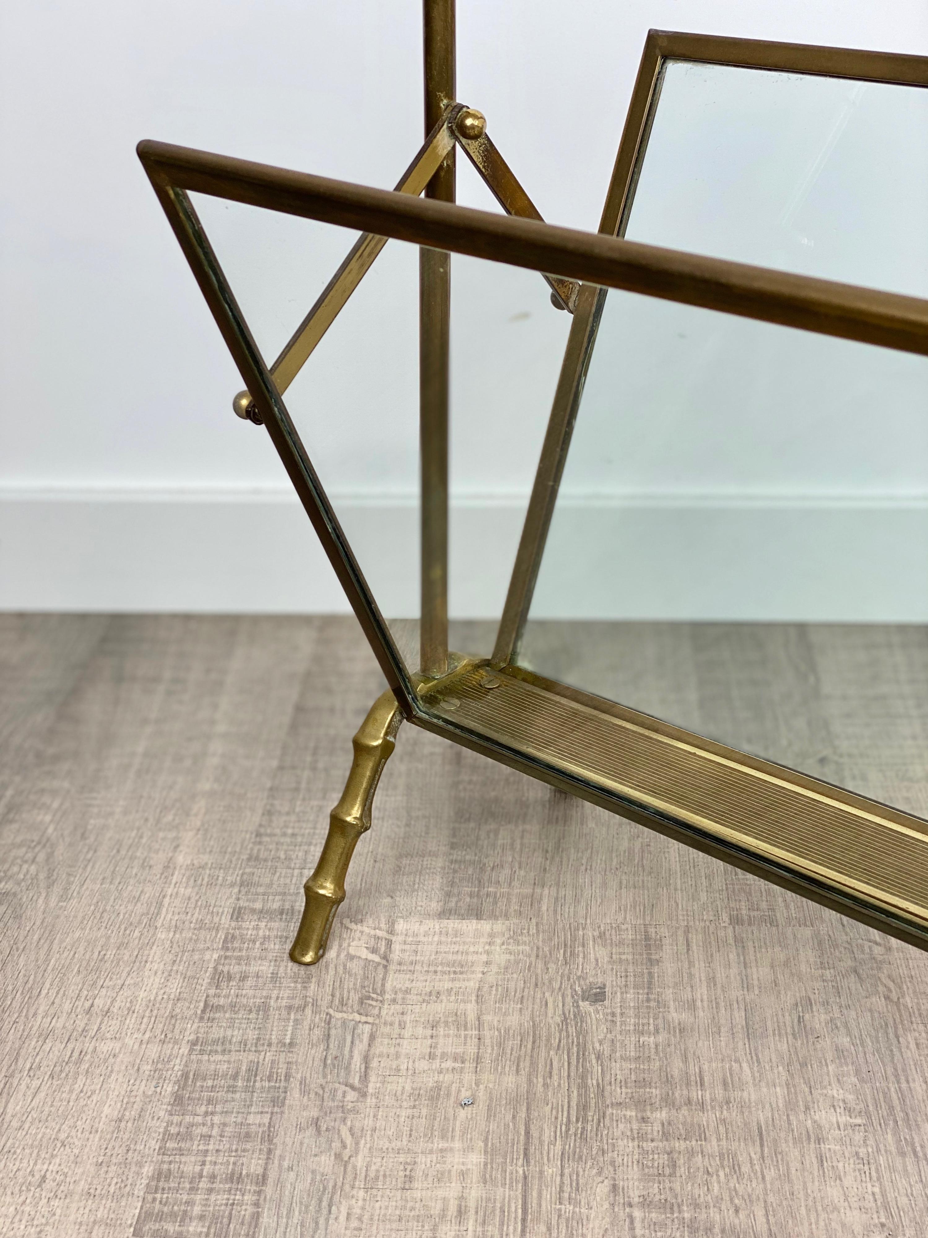 Maison Baguès Magazine Rack Stand Faux Bamboo Brass Glass, France, 1950s For Sale 2