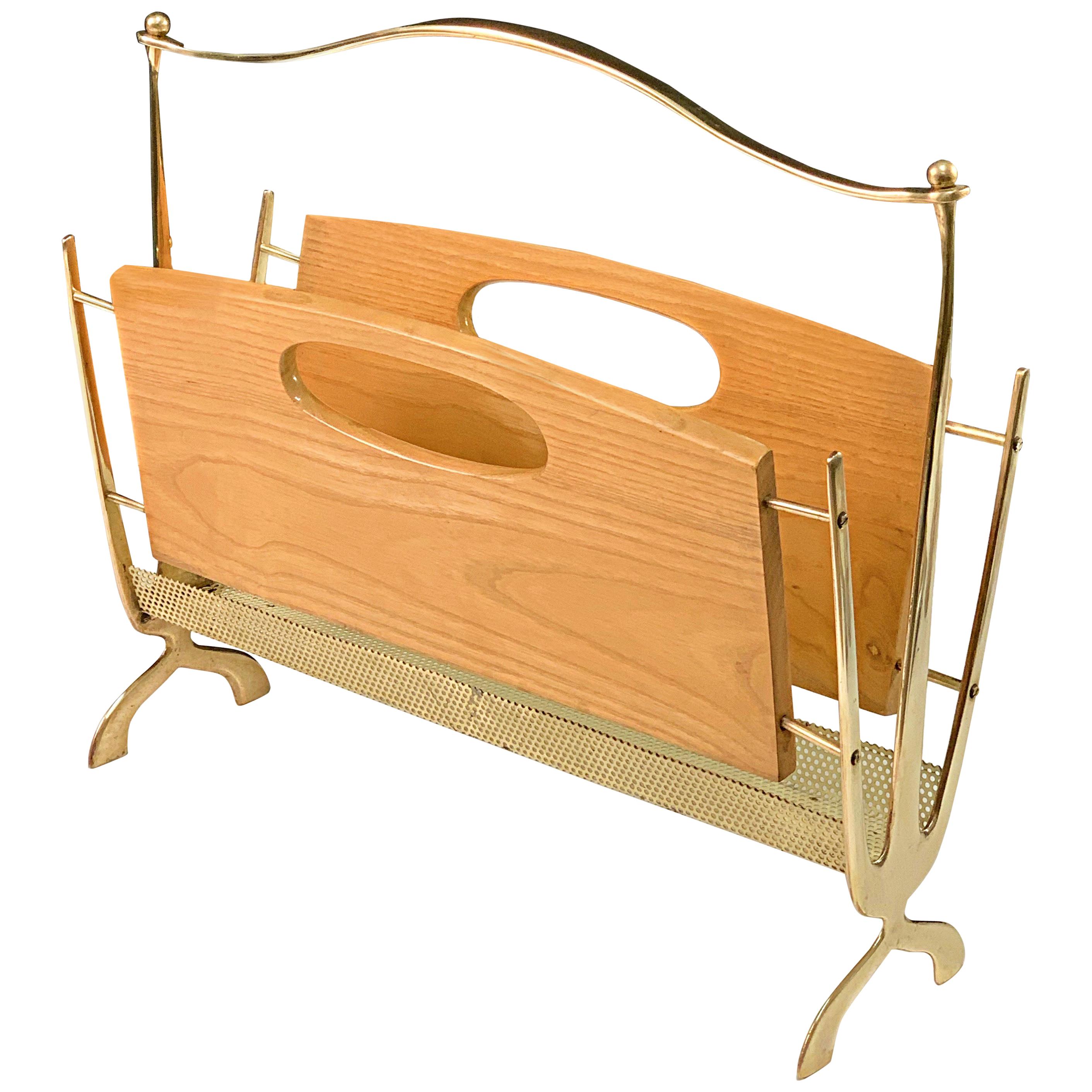 Maison Baguès Midcentury Brass and Chestnut Wood French Magazine Rack, 1950s For Sale