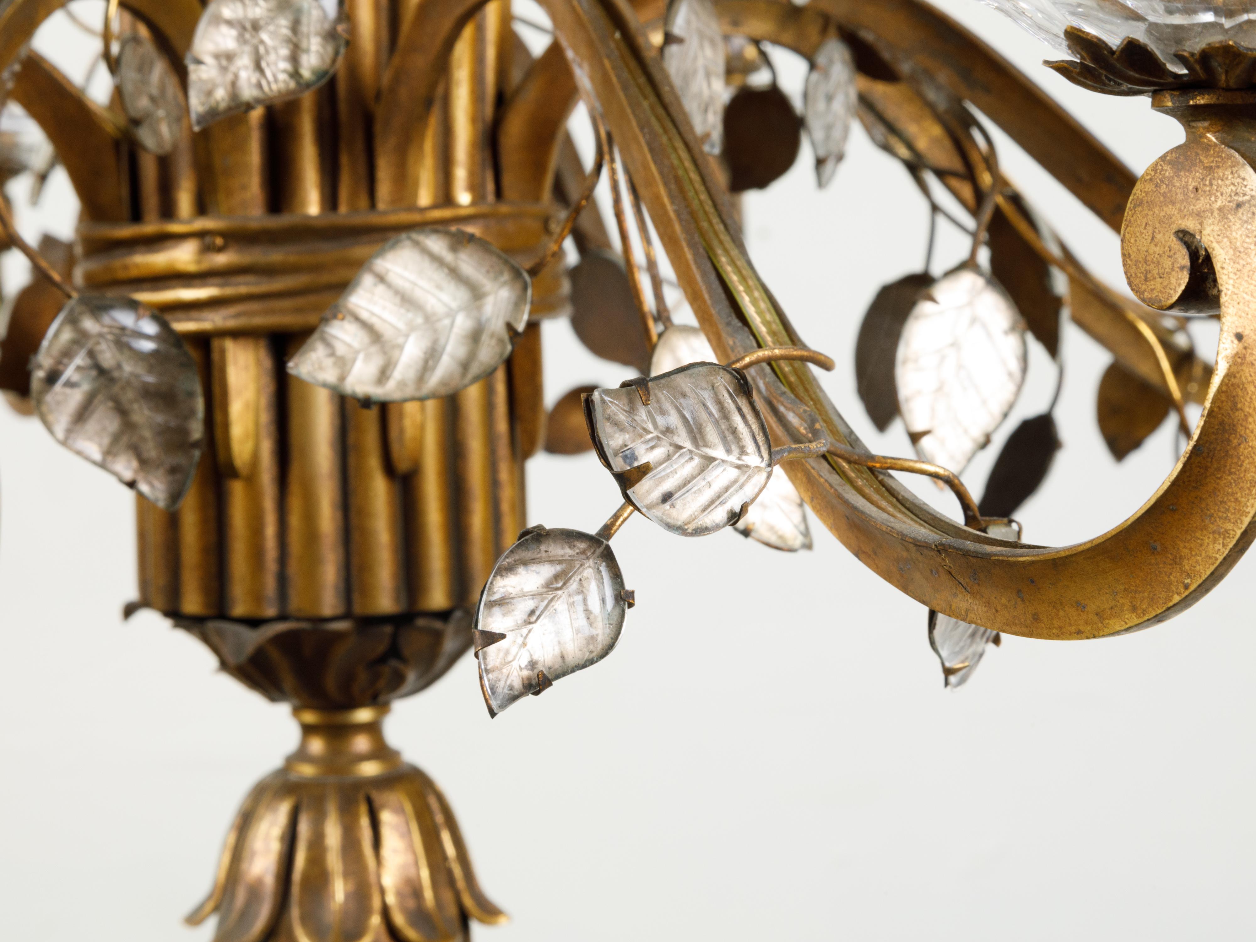 French Maison Baguès Midcentury Eight-Light Bronze Chandelier with Rock Crystal Motifs