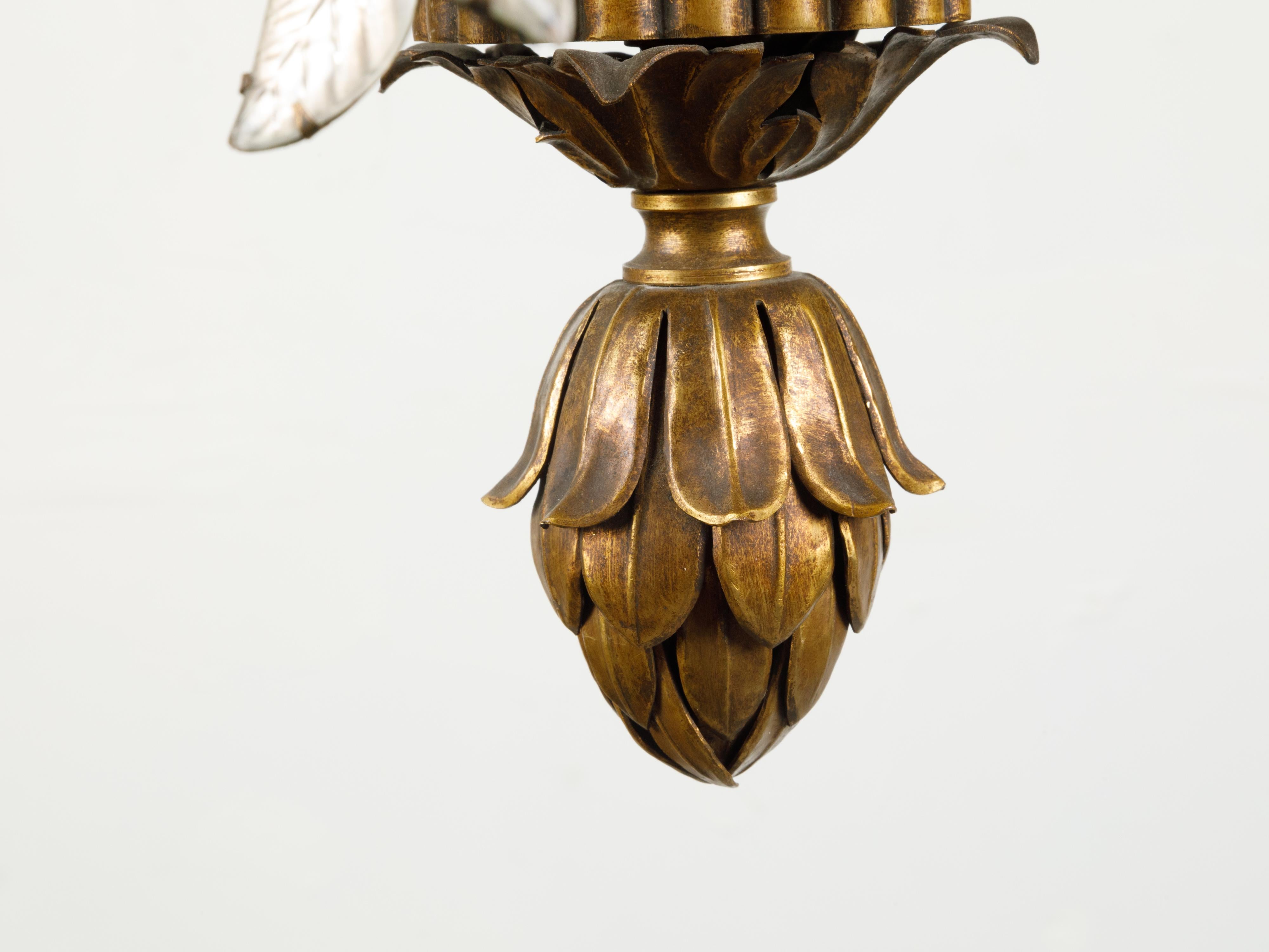 20th Century Maison Baguès Midcentury Eight-Light Bronze Chandelier with Rock Crystal Motifs
