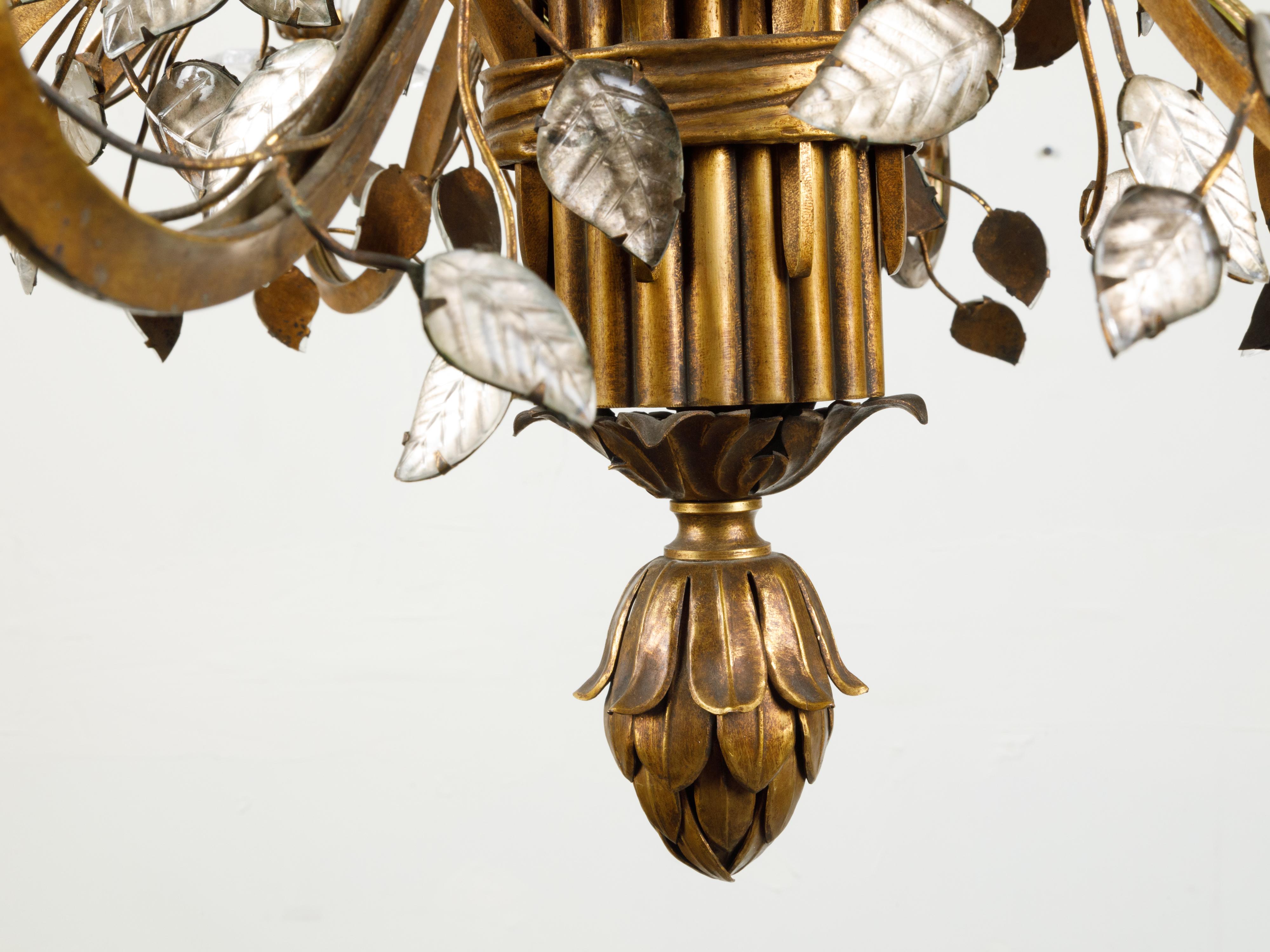 Maison Baguès Midcentury Eight-Light Bronze Chandelier with Rock Crystal Motifs 1