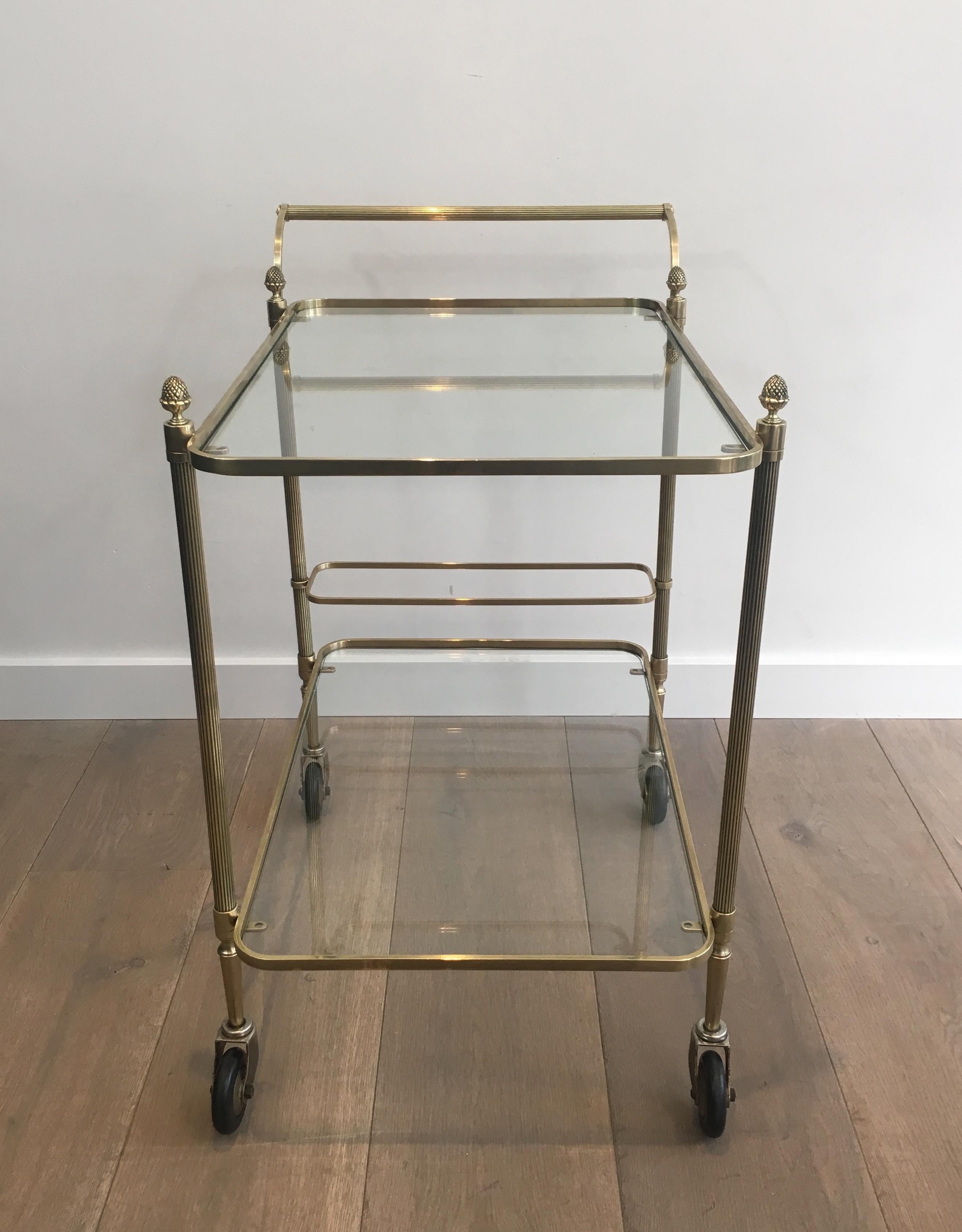 Maison Bagués, Neoclassical Brass Bar Cart with 2 Clear Glass Shelves For Sale 2