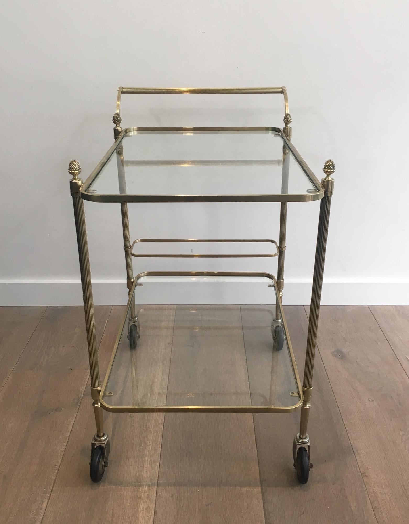 Maison Bagués, Neoclassical Brass Bar Cart with 2 Clear Glass Shelves For Sale 5