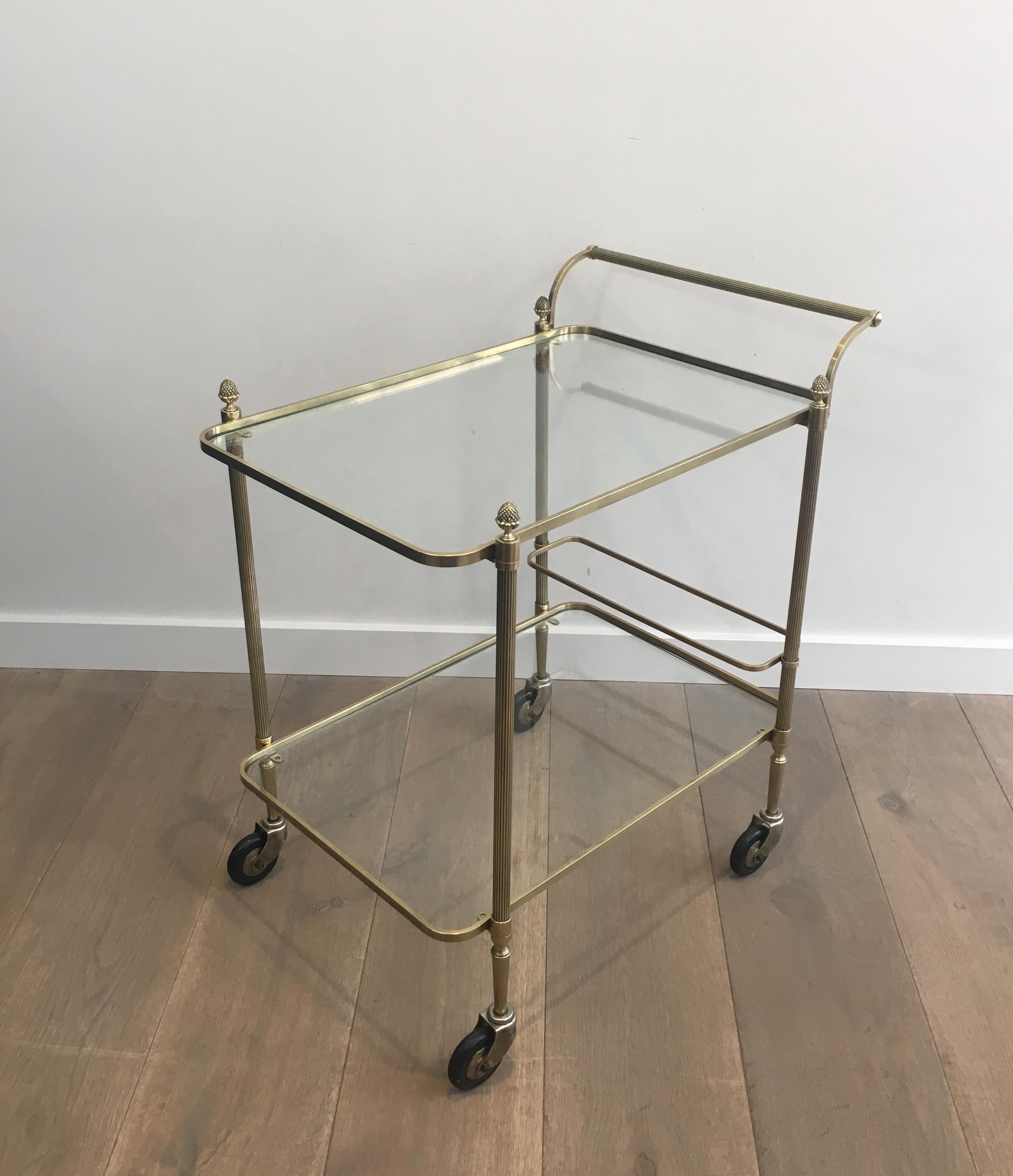Maison Bagués, Neoclassical Brass Bar Cart with 2 Clear Glass Shelves For Sale 3