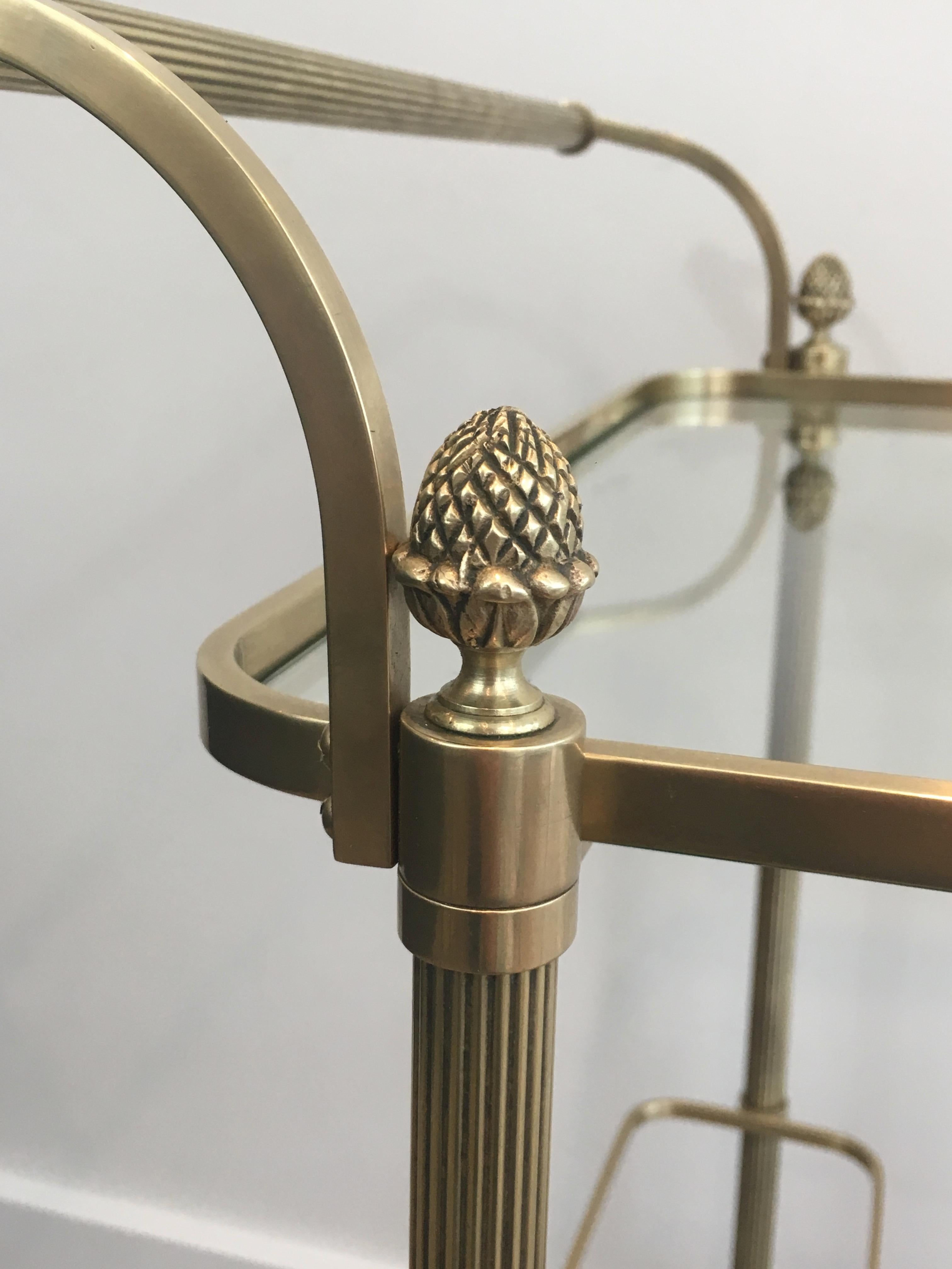 Maison Bagués, Neoclassical Brass Bar Cart with 2 Clear Glass Shelves 9