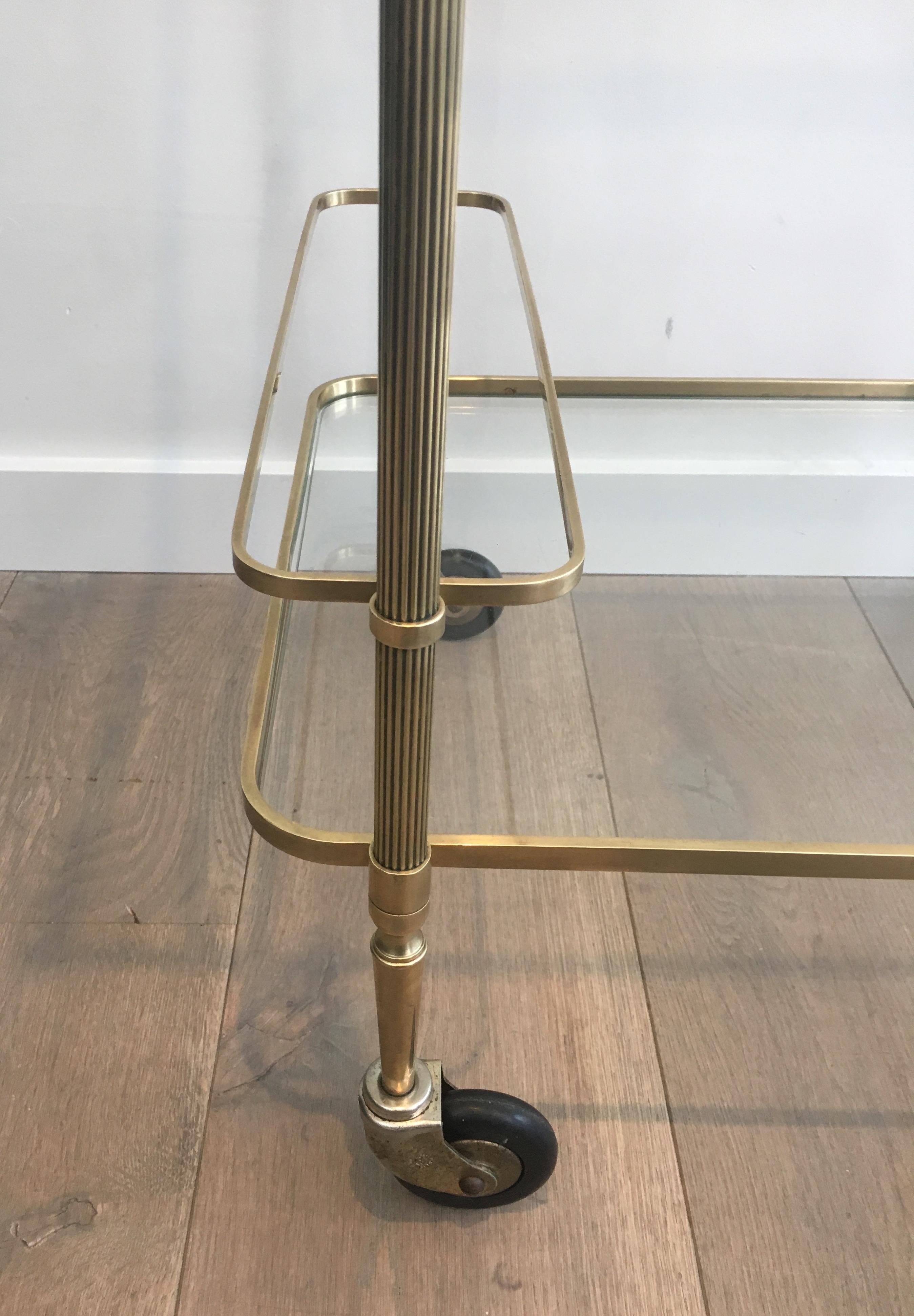 Maison Bagués, Neoclassical Brass Bar Cart with 2 Clear Glass Shelves 11
