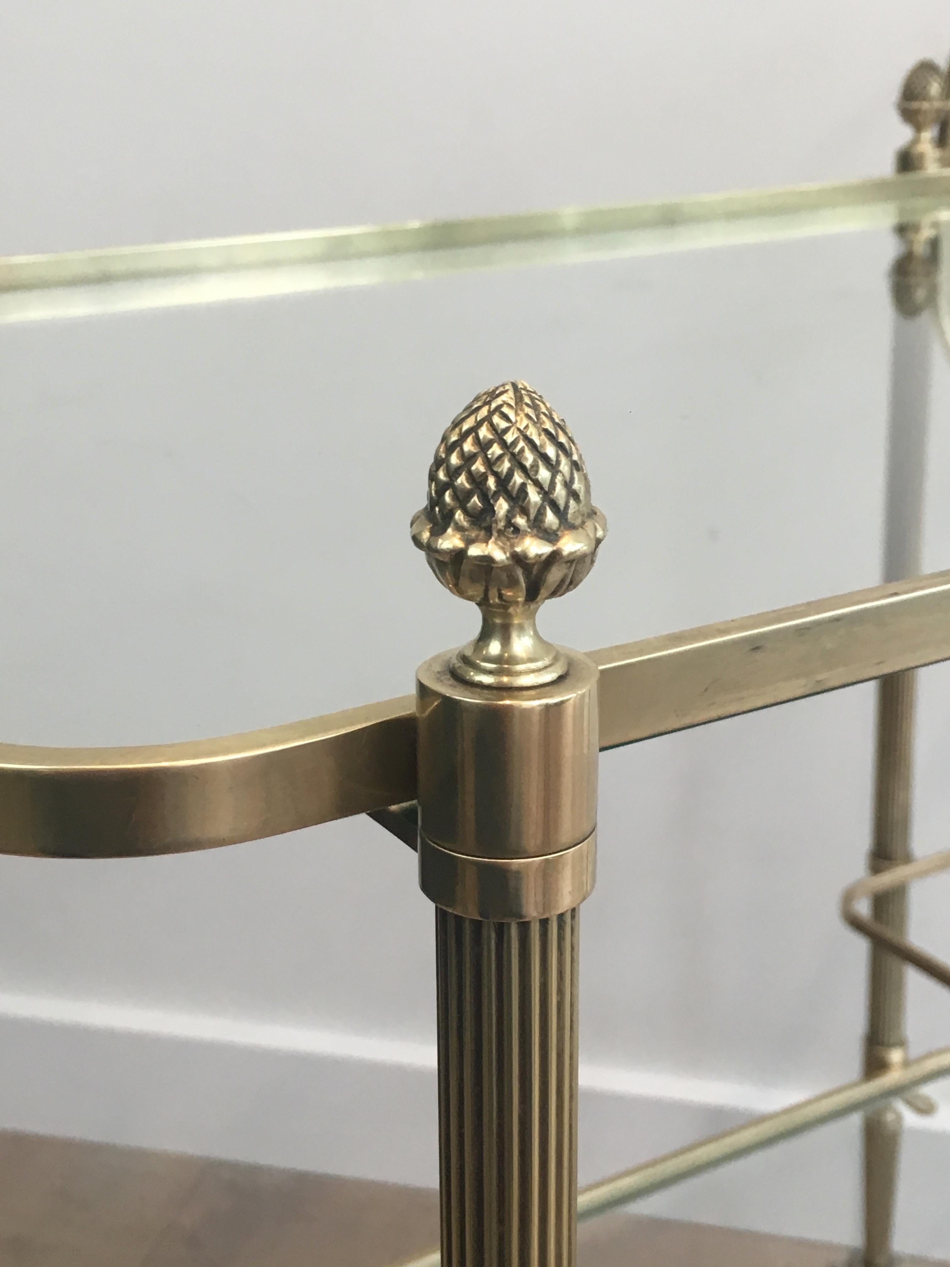 Maison Bagués, Neoclassical Brass Bar Cart with 2 Clear Glass Shelves 12
