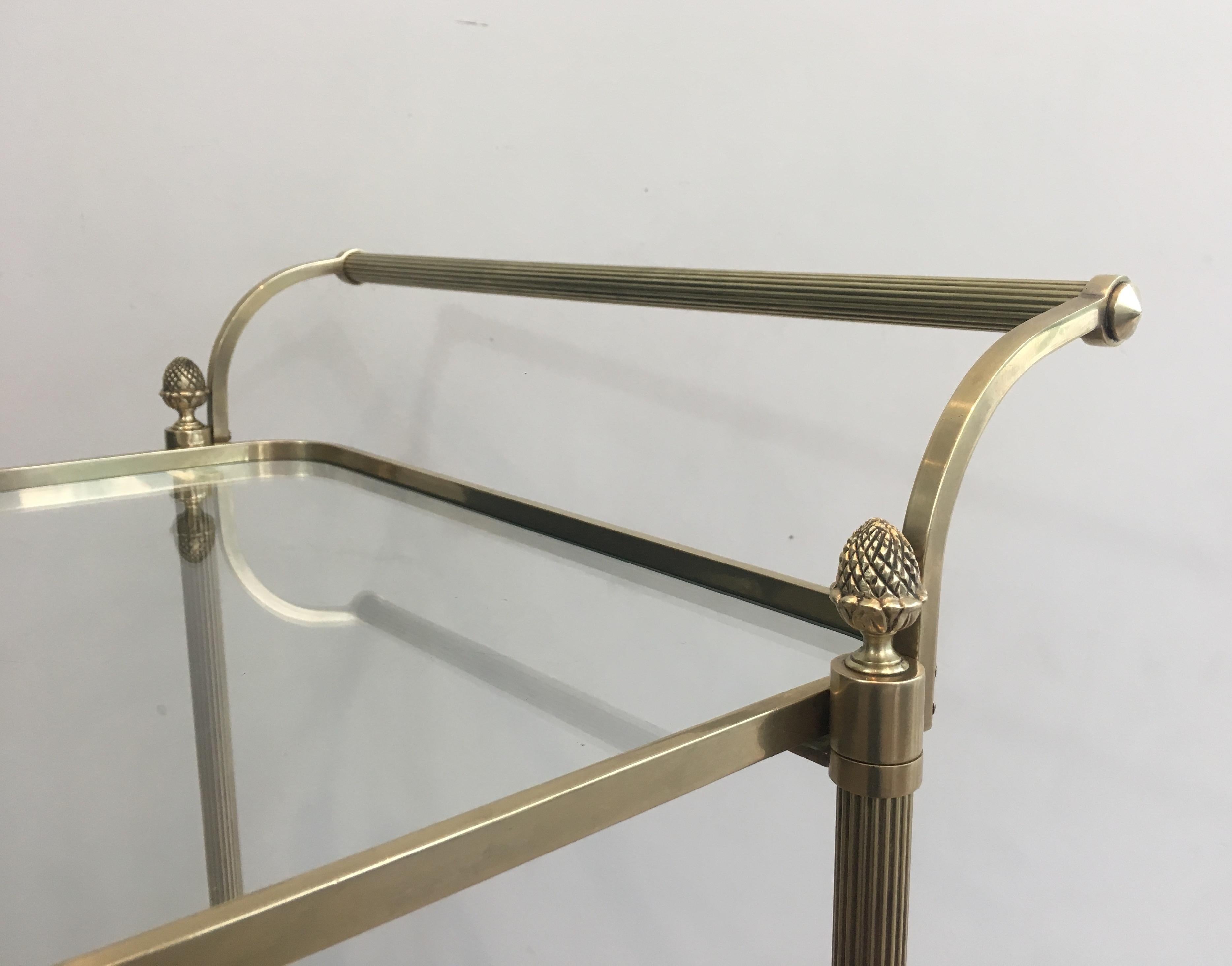 Maison Bagués, Neoclassical Brass Bar Cart with 2 Clear Glass Shelves 13