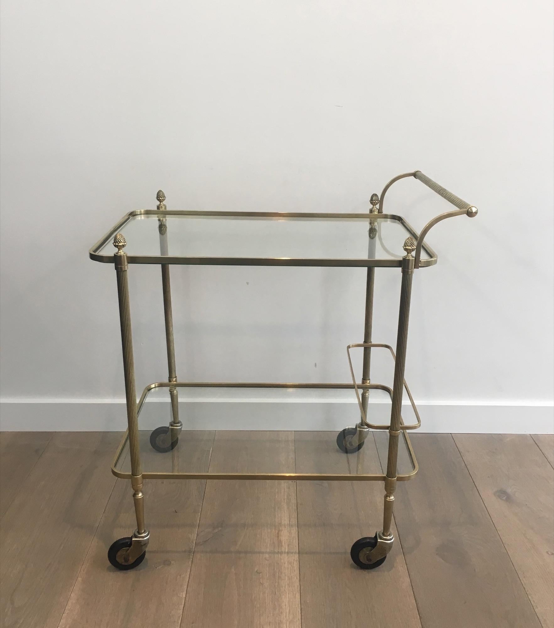 Maison Bagués, Neoclassical Brass Bar Cart with 2 Clear Glass Shelves For Sale 14