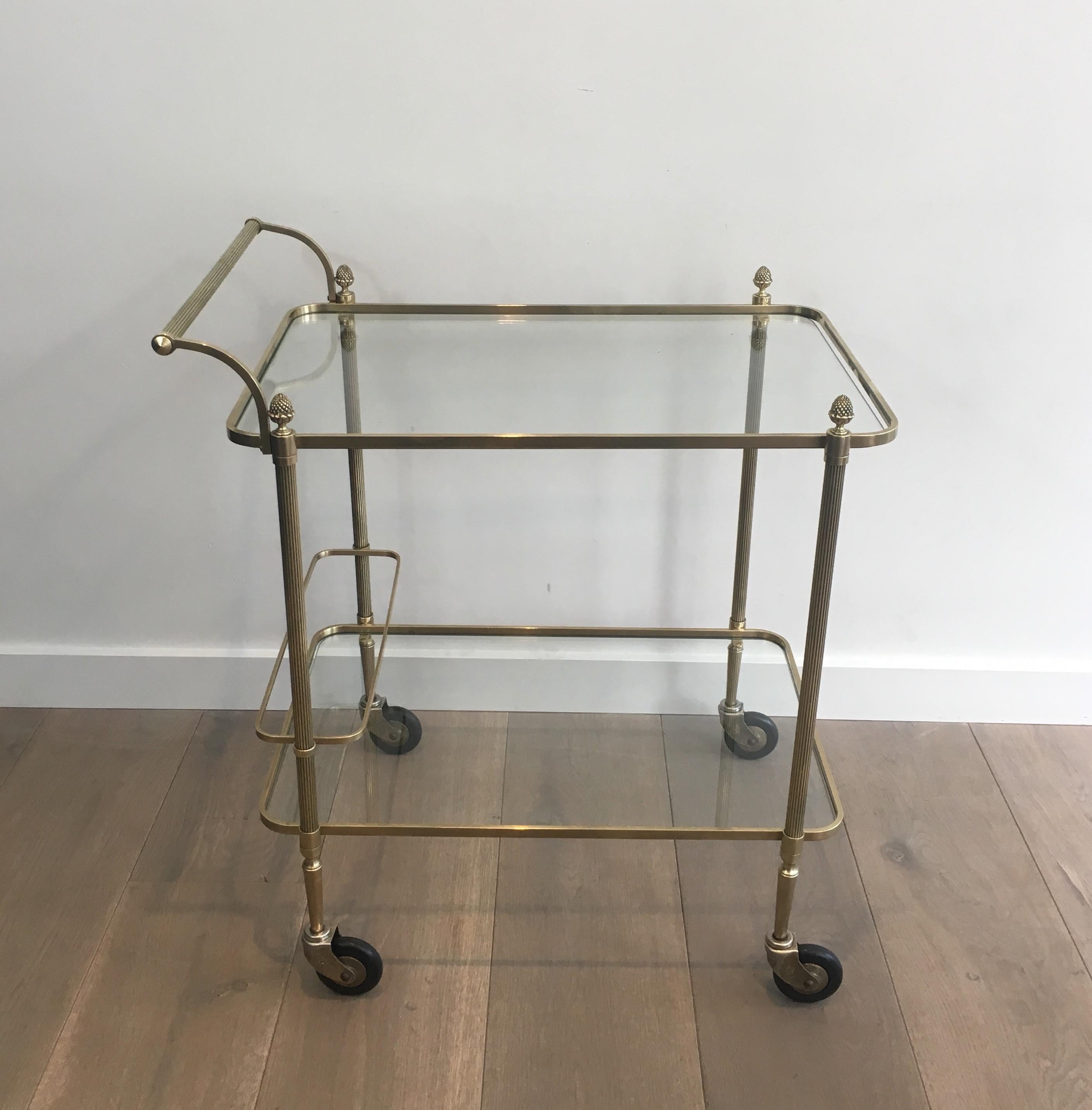 Maison Bagués, Neoclassical Brass Bar Cart with 2 Clear Glass Shelves 15