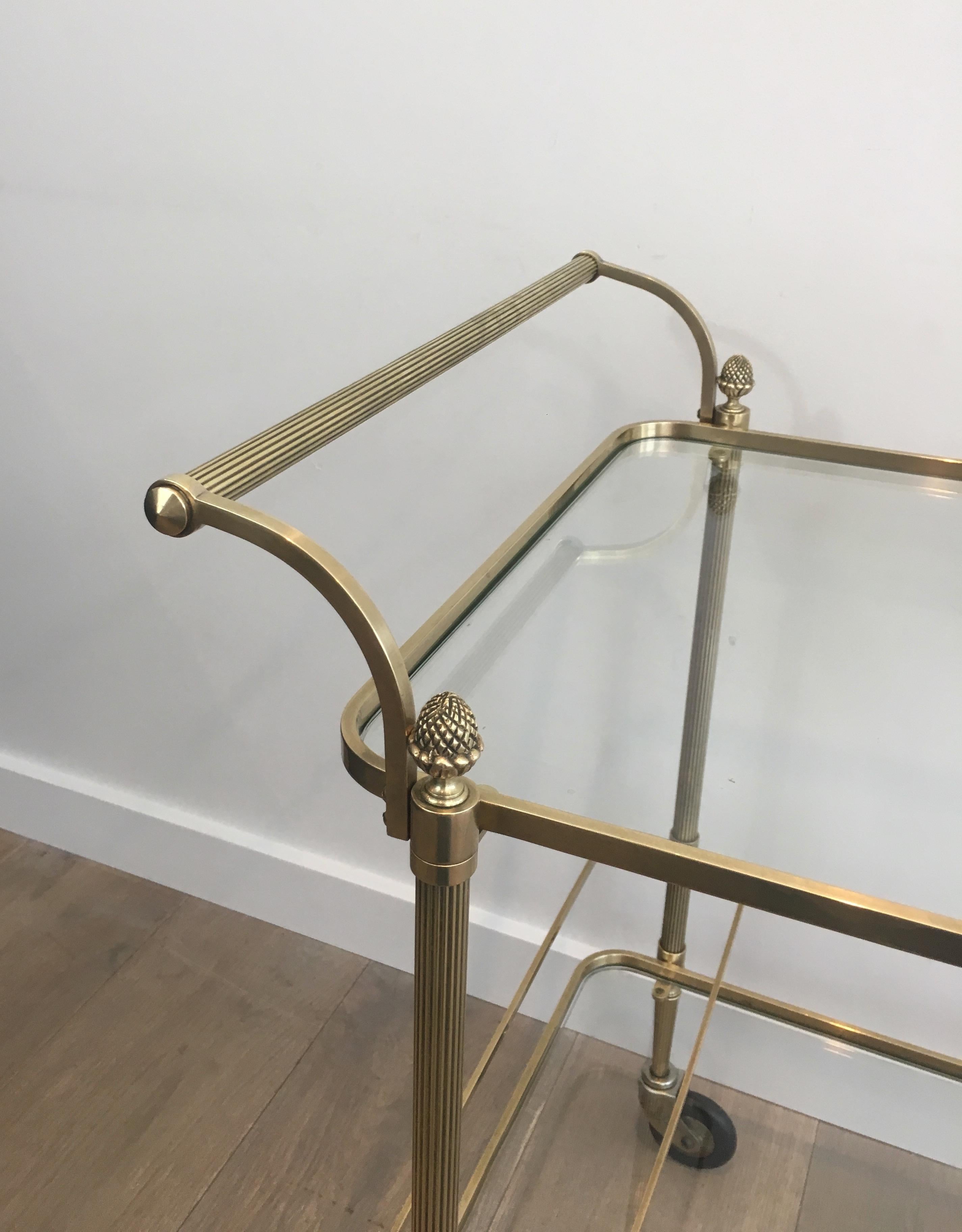 French Maison Bagués, Neoclassical Brass Bar Cart with 2 Clear Glass Shelves