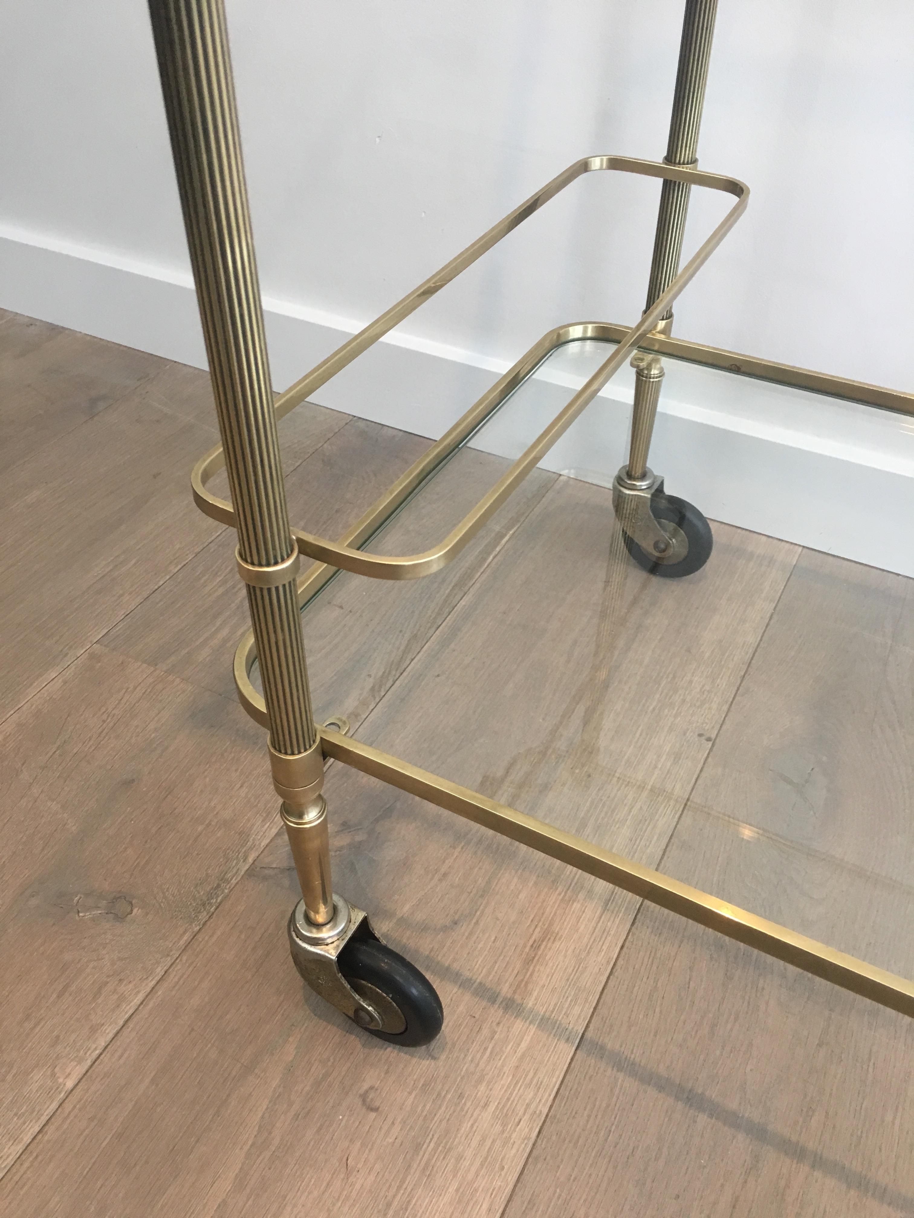 Mid-20th Century Maison Bagués, Neoclassical Brass Bar Cart with 2 Clear Glass Shelves