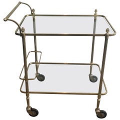 Maison Bagués, Neoclassical Brass Bar Cart with 2 Clear Glass Shelves