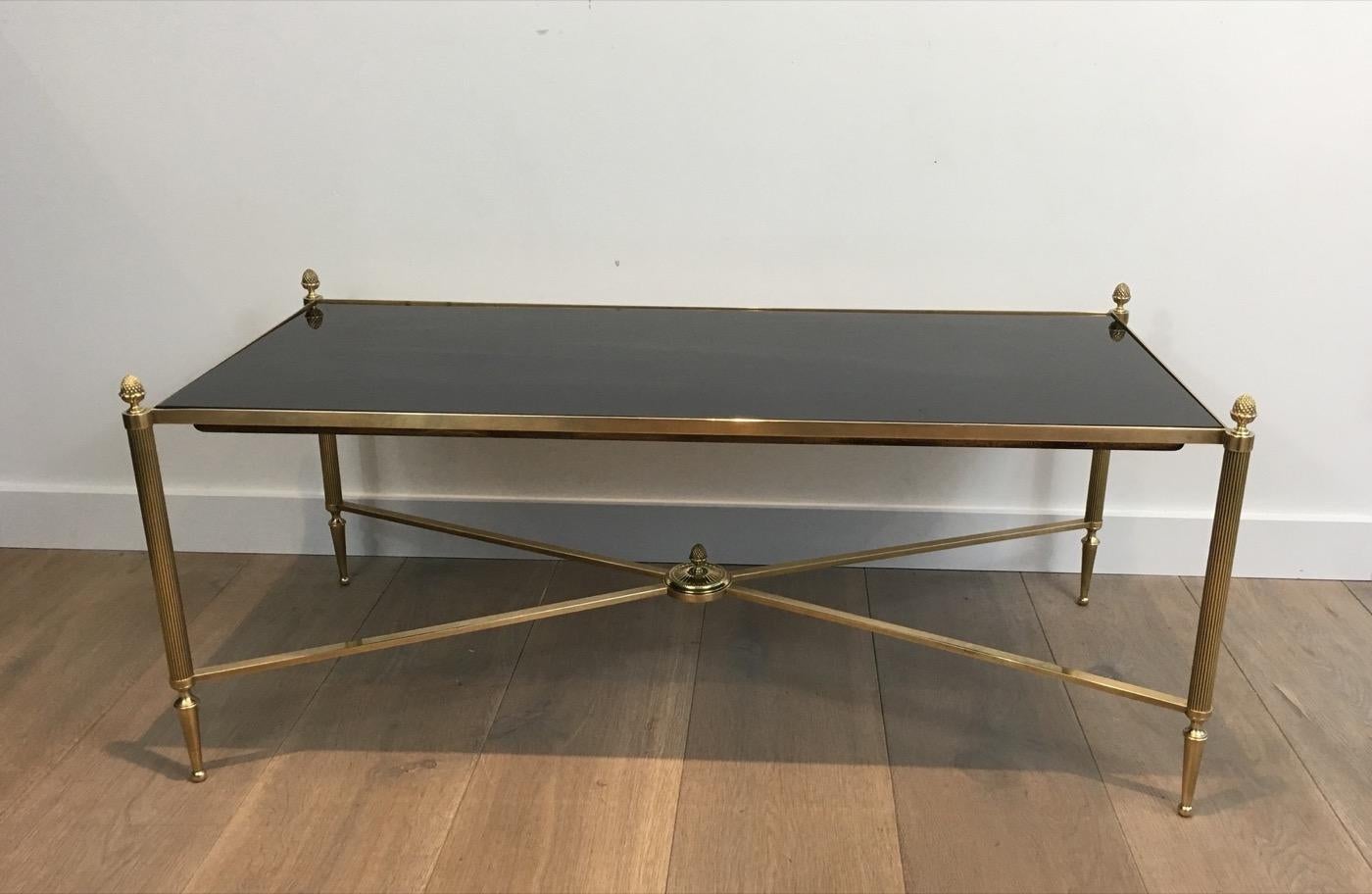 French Maison Bagués, Neoclassical Style Brass Coffee Table with Black Lacquered Glass
