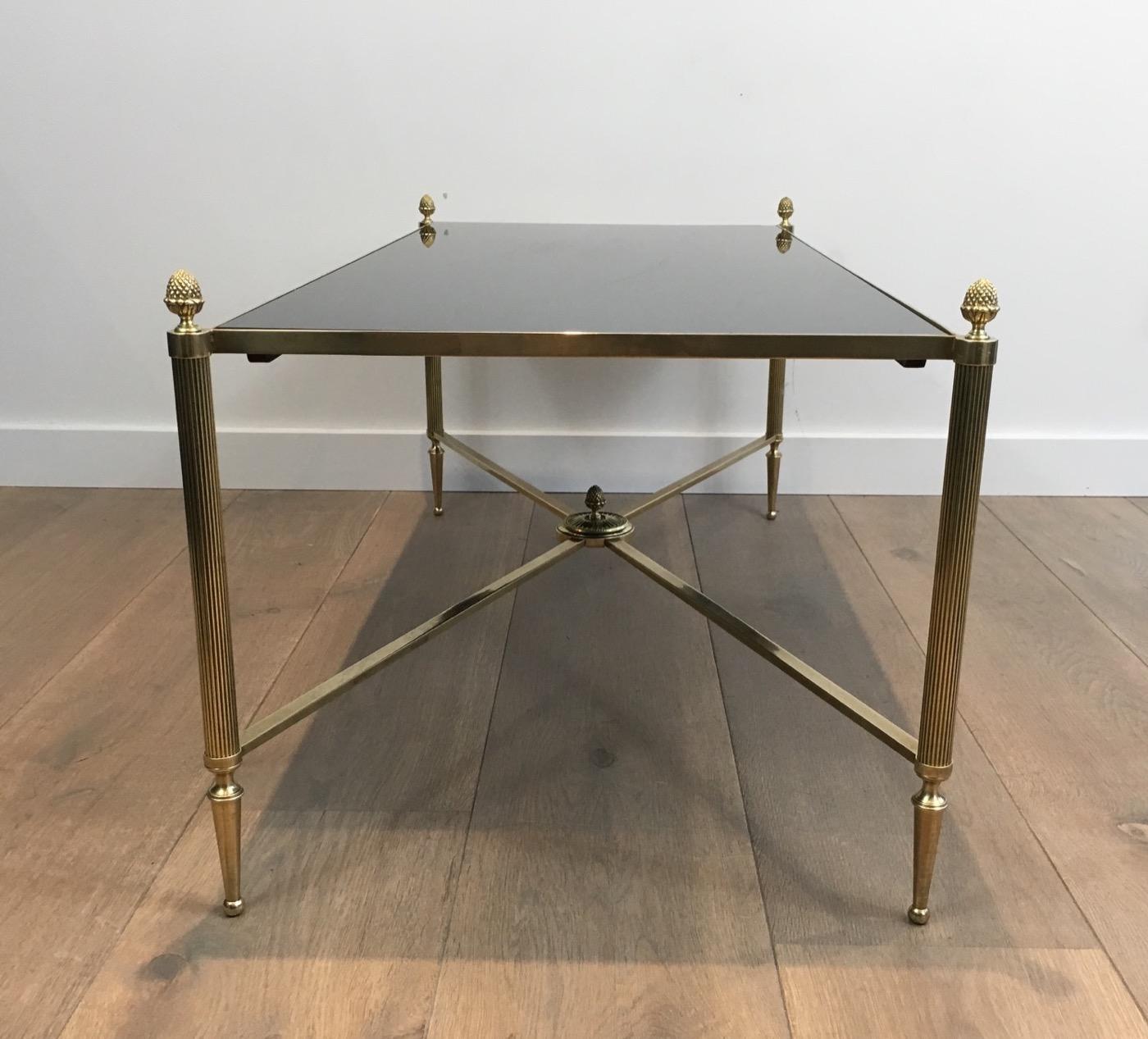 French Maison Bagués, Neoclassical Style Brass Coffee Table with Black Lacquered Glass