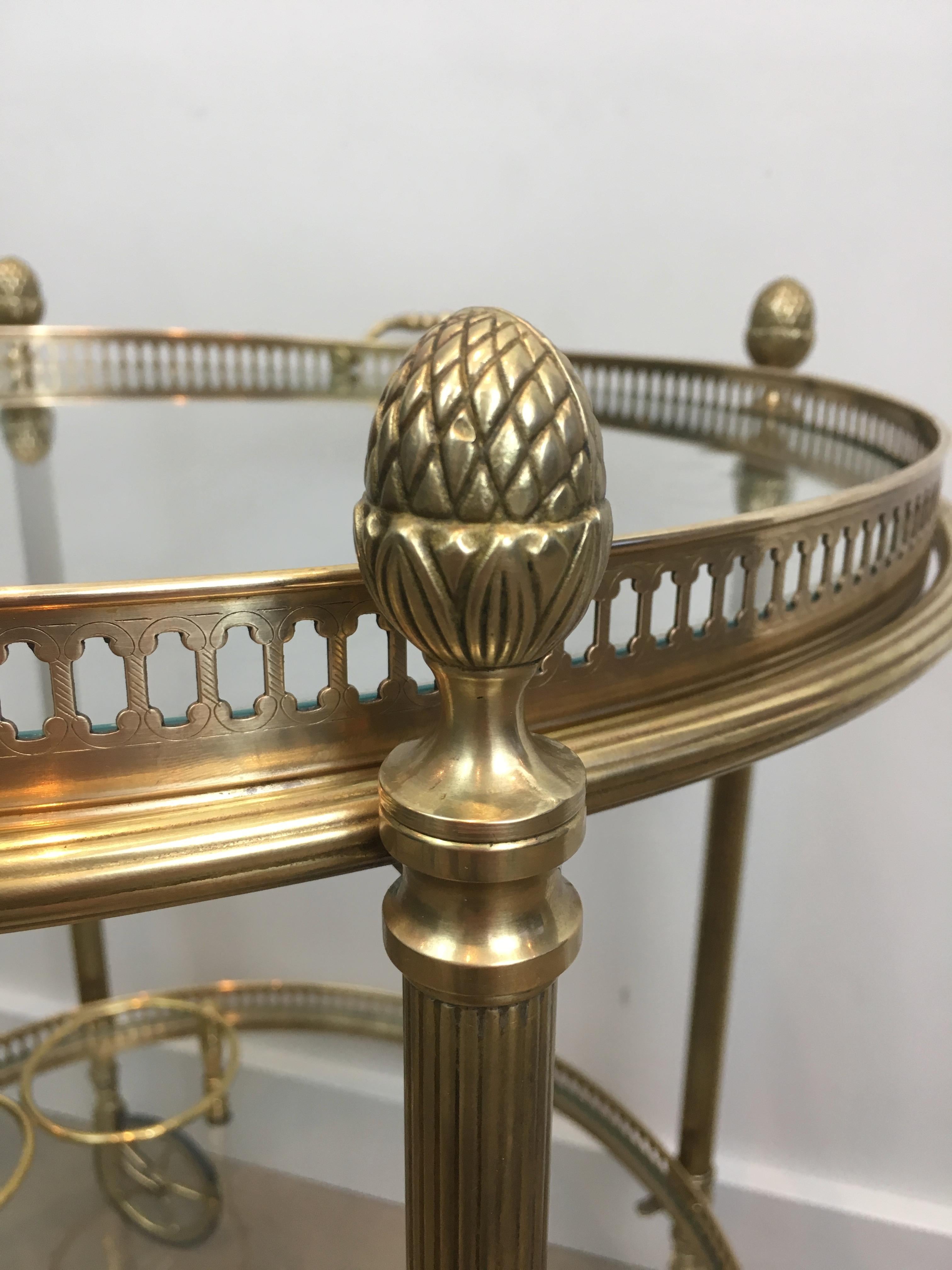 Maison Bagués, Neoclassical Style Brass Round Bar Cart with 2 Removable Trays 12