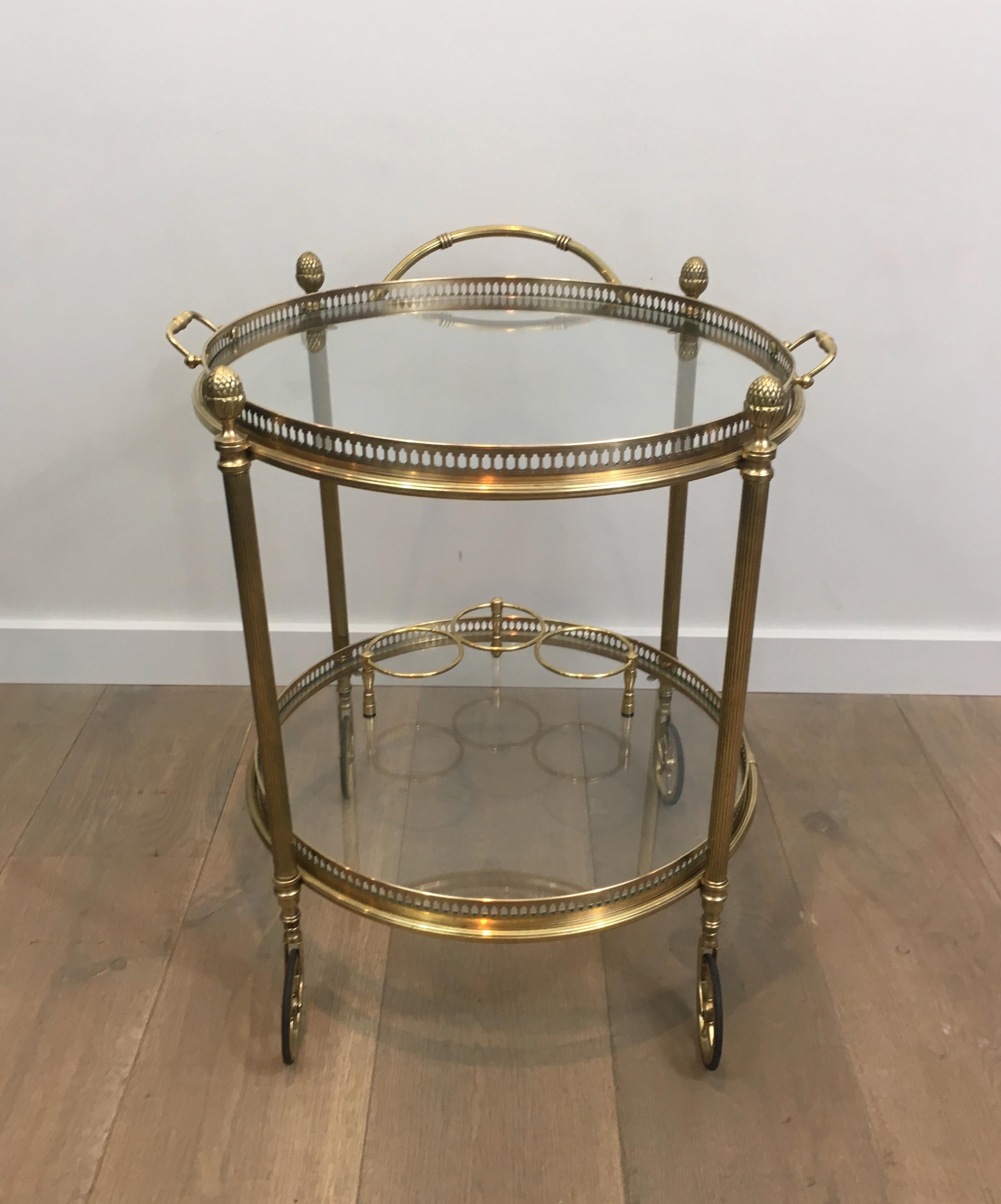Maison Bagués, Neoclassical Style Brass Round Bar Cart with 2 Removable Trays 14