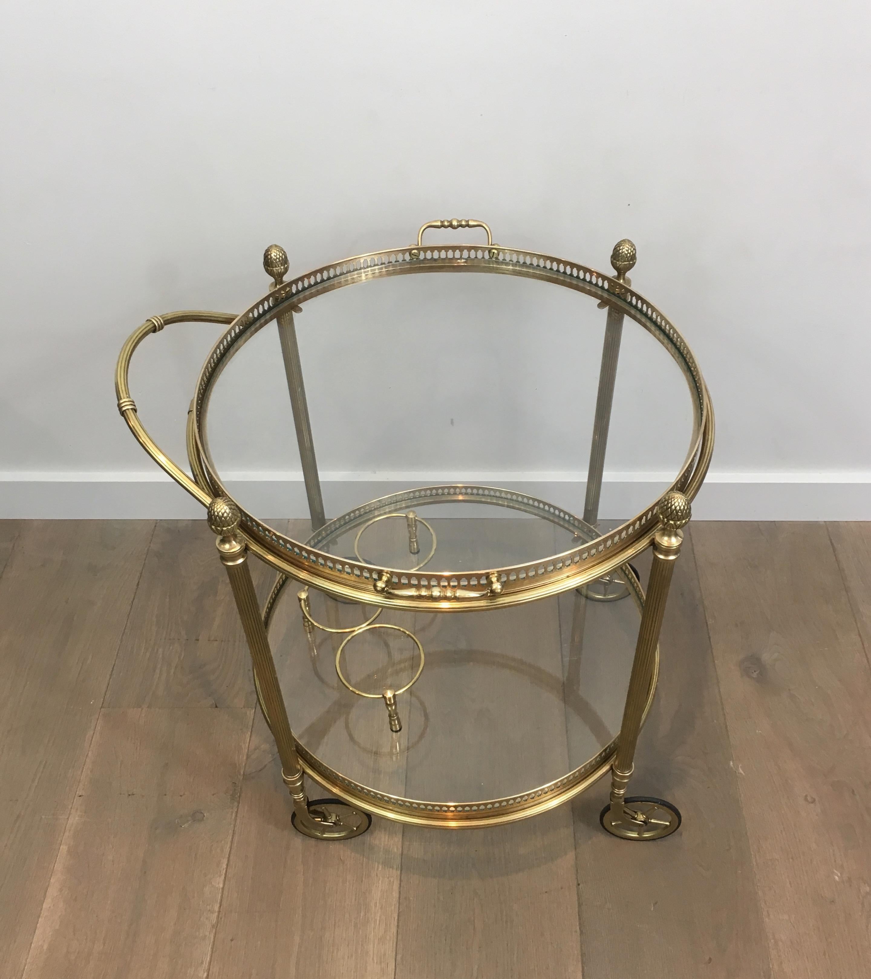 French Maison Bagués, Neoclassical Style Brass Round Bar Cart with 2 Removable Trays