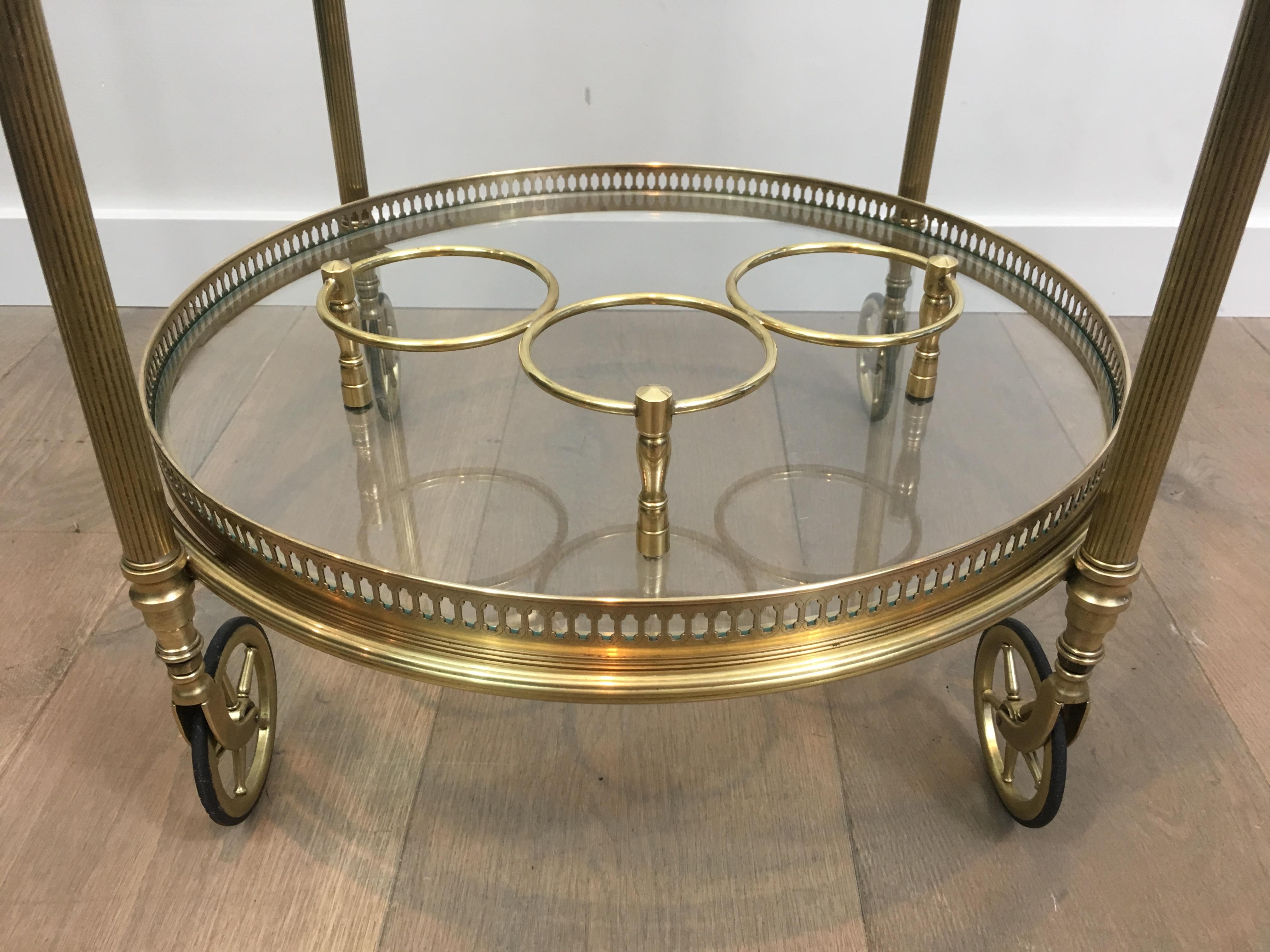 Maison Bagués, Neoclassical Style Brass Round Bar Cart with 2 Removable Trays 3