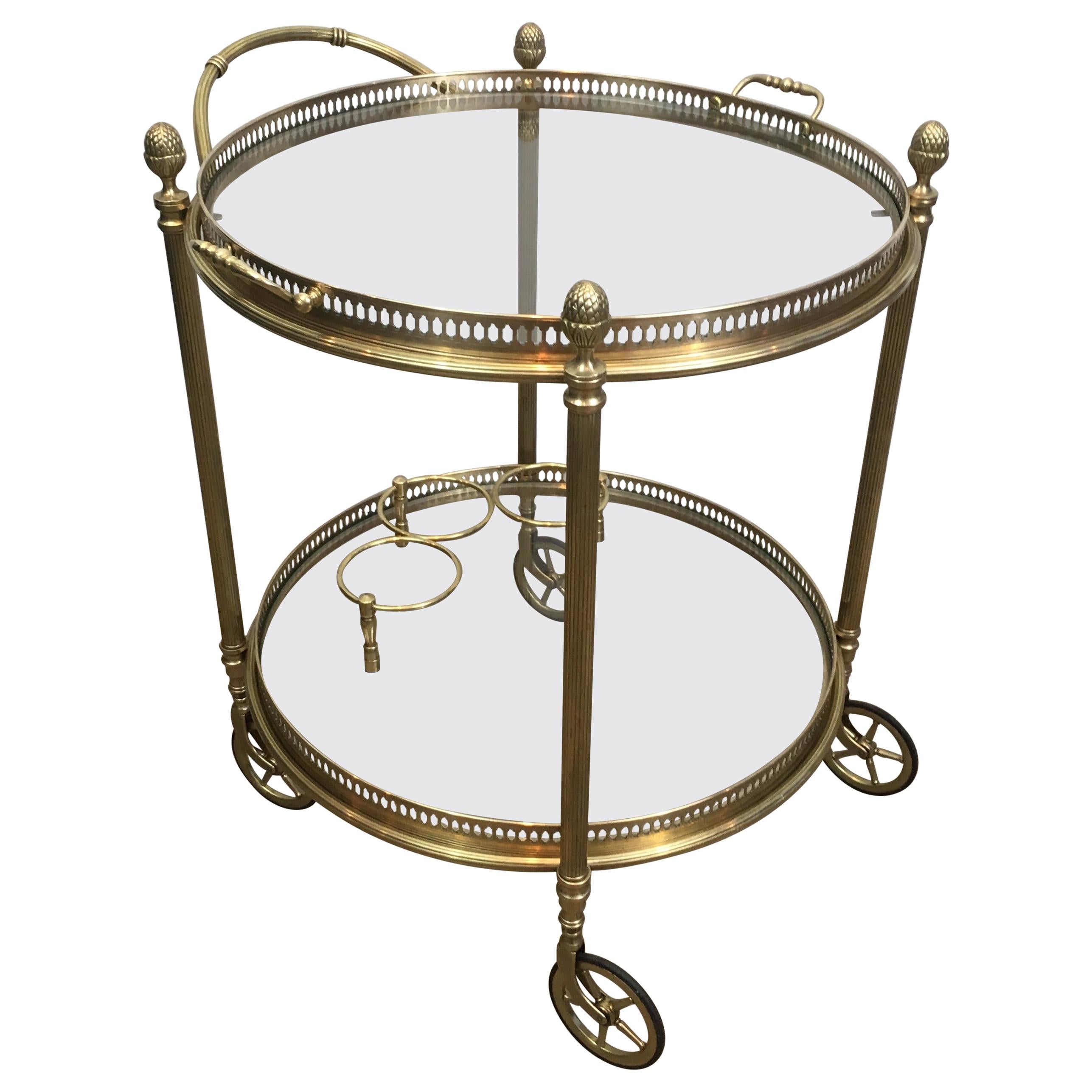 Maison Bagués, Neoclassical Style Brass Round Bar Cart with 2 Removable Trays