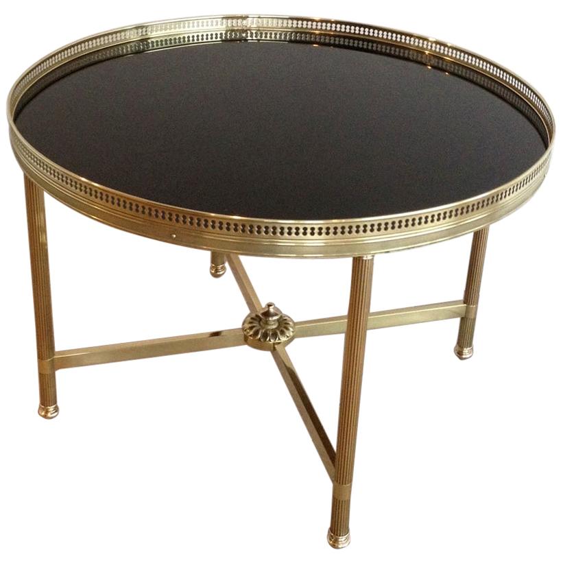 Maison Bague�̀s, Neoclassical Style Round Brass Coffee Table with Black Lacquered