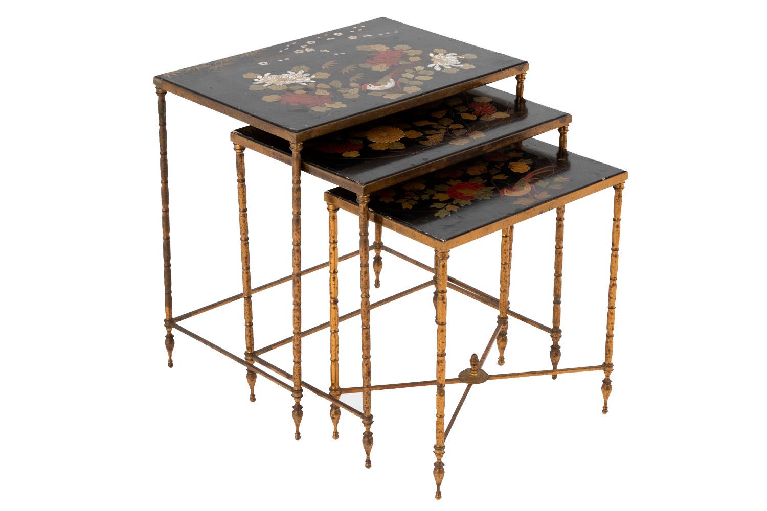Chinoiserie Maison Baguès, Nested Tables in Flowered Black Lacquer, 1950s