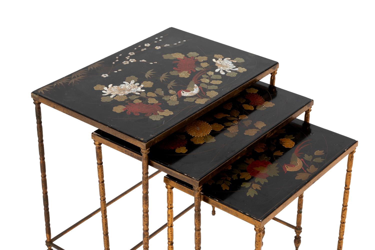 French Maison Baguès, Nested Tables in Flowered Black Lacquer, 1950s