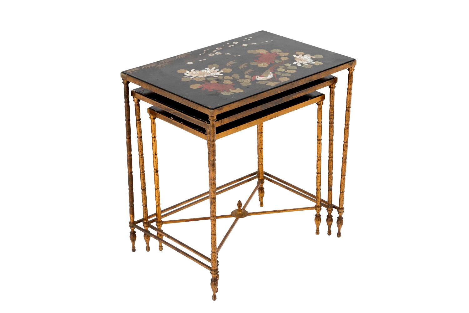 Gilt Maison Baguès, Nested Tables in Flowered Black Lacquer, 1950s