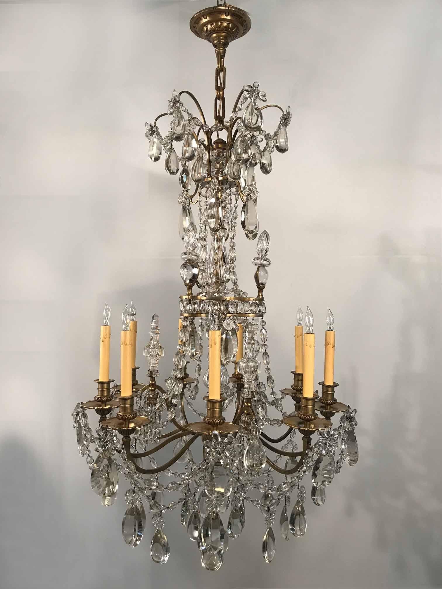 French Maison Baguès Nine-Arm Bronze and Crystal Chandelier For Sale