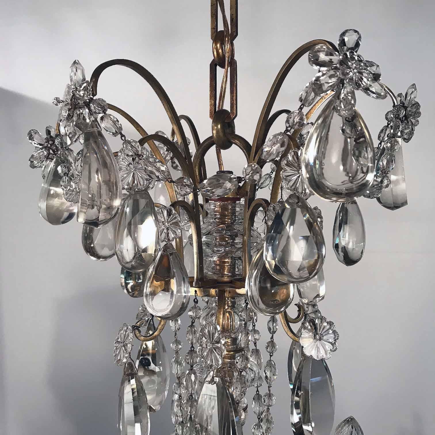 20th Century Maison Baguès Nine-Arm Bronze and Crystal Chandelier For Sale