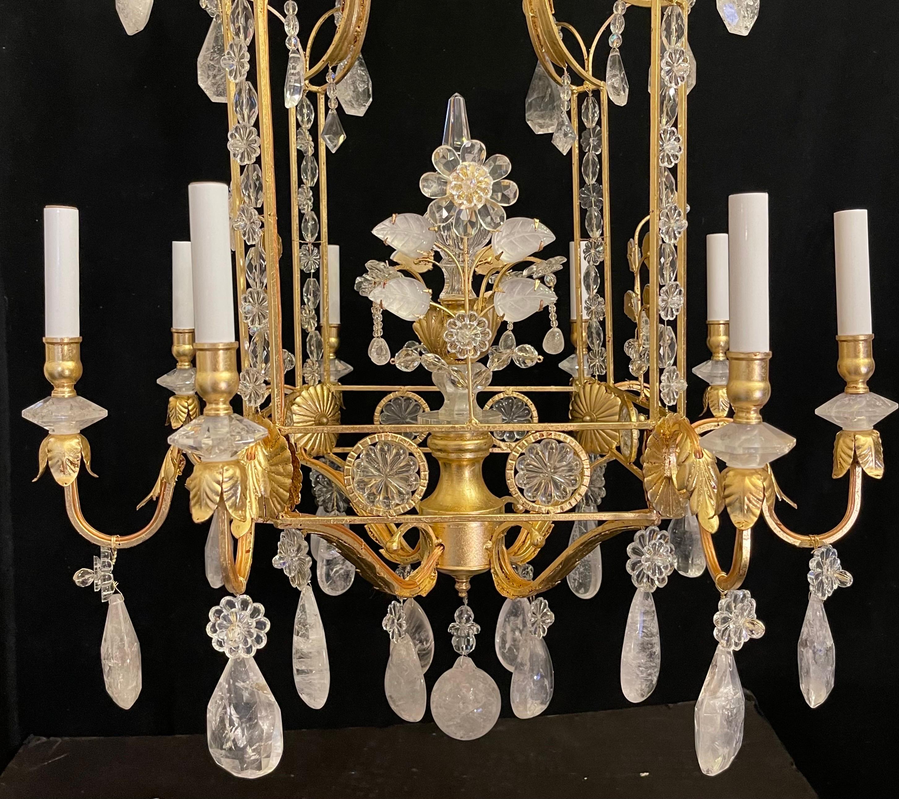 Gilt Maison Baguès Pair Louis XVI Large Rock Crystal Eight-Light Square Chandeliers For Sale