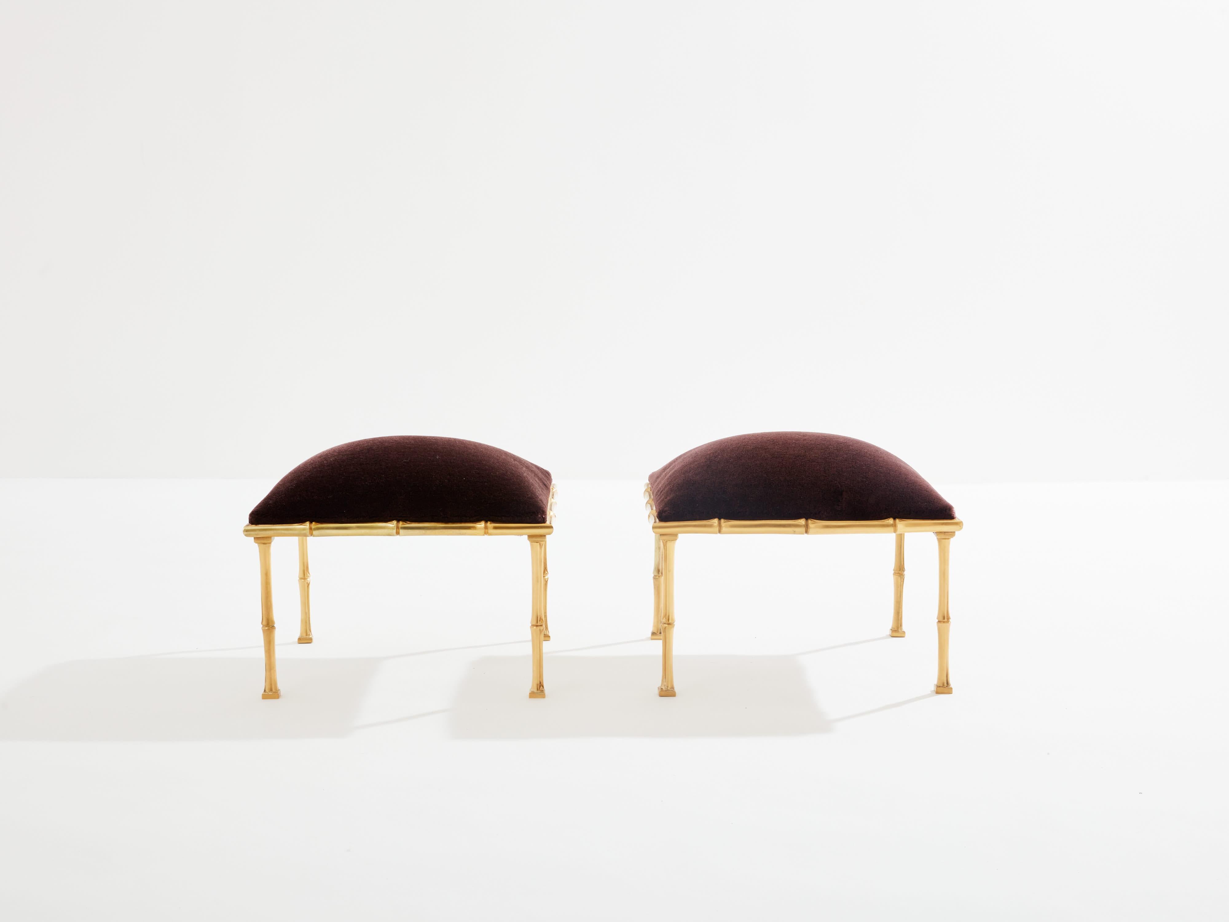 This beautiful pair of Maison Baguès footstools was created with solid bamboo shaped brass in the early 1960s. Fully reupholstered with eggplant mohair velvet, fabric feels timeless and smooth, while the brass bamboo feet and body provide an