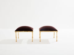 Maison Baguès pair of bamboo brass mohair velvet footstools 1960s