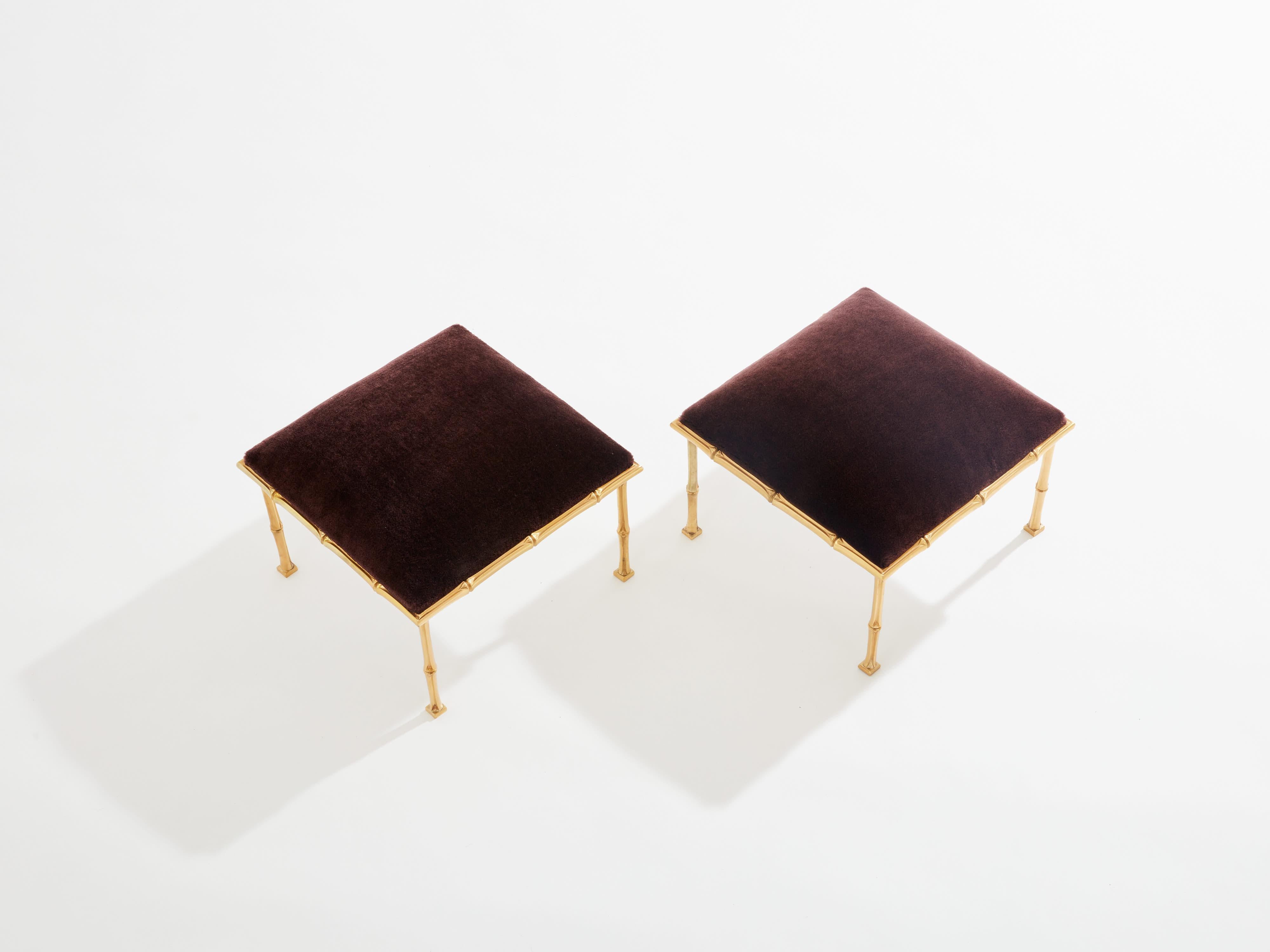 Mid-Century Modern Maison Baguès pair of bamboo brass mohair velvet footstools 1960s For Sale