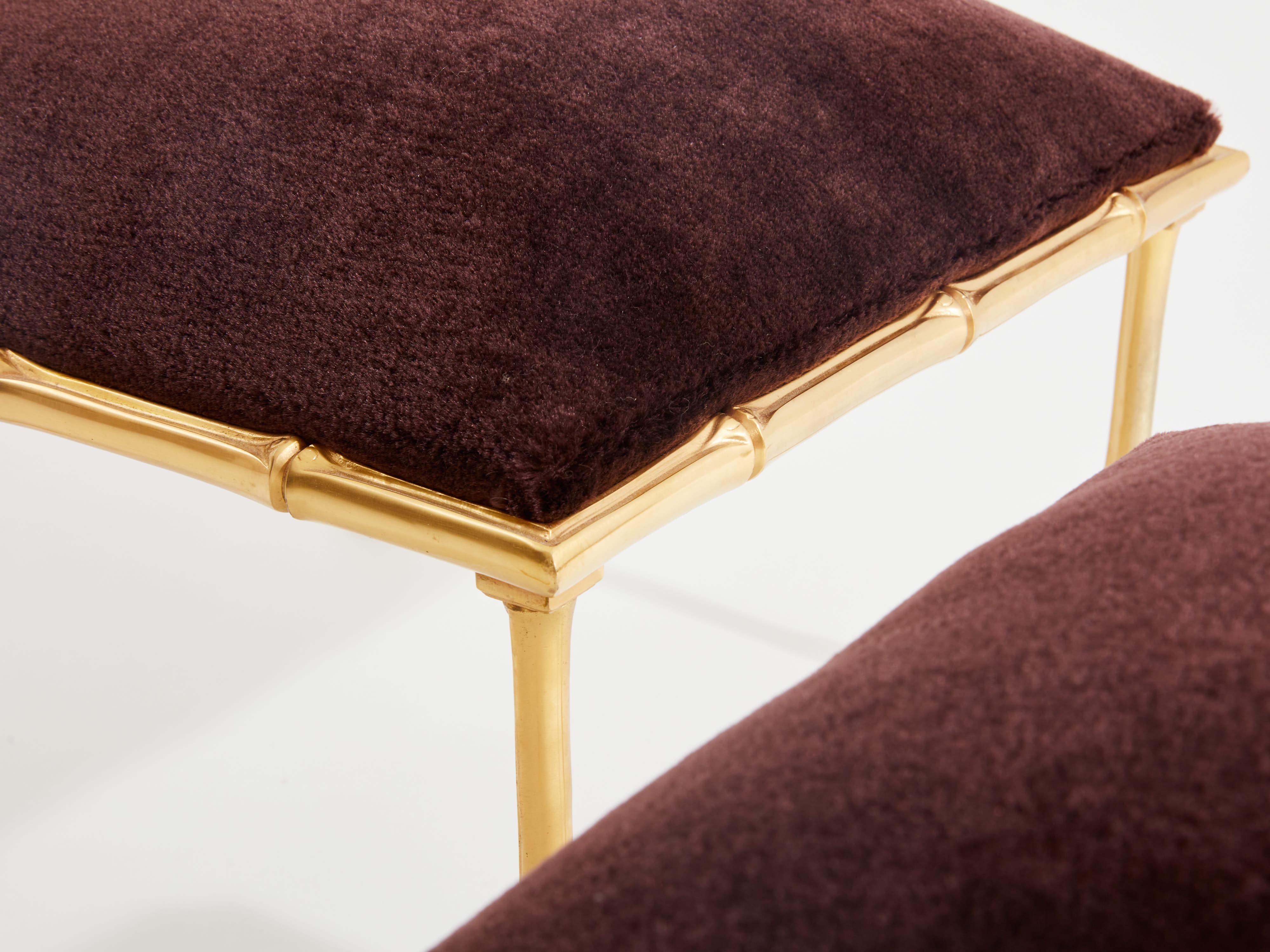 French Maison Baguès pair of bamboo brass mohair velvet footstools 1960s For Sale