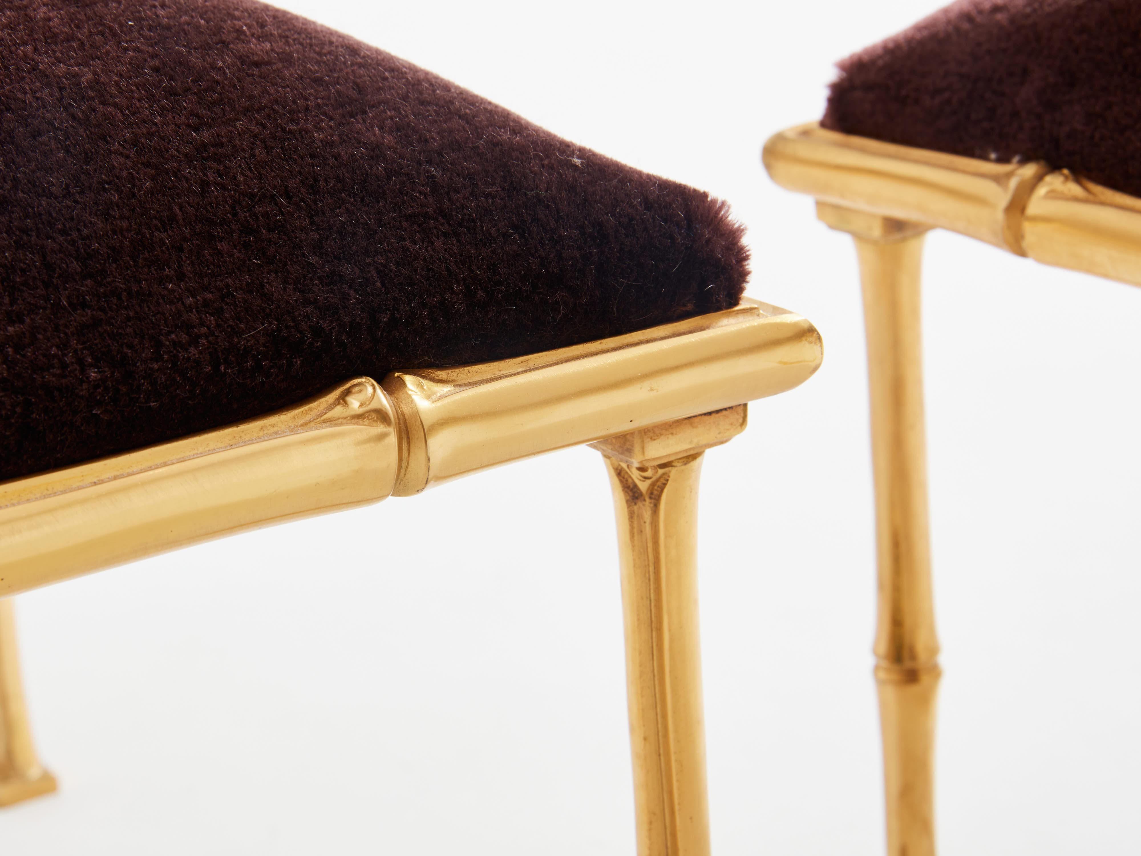 Maison Baguès pair of bamboo brass mohair velvet footstools 1960s In Good Condition For Sale In Paris, IDF
