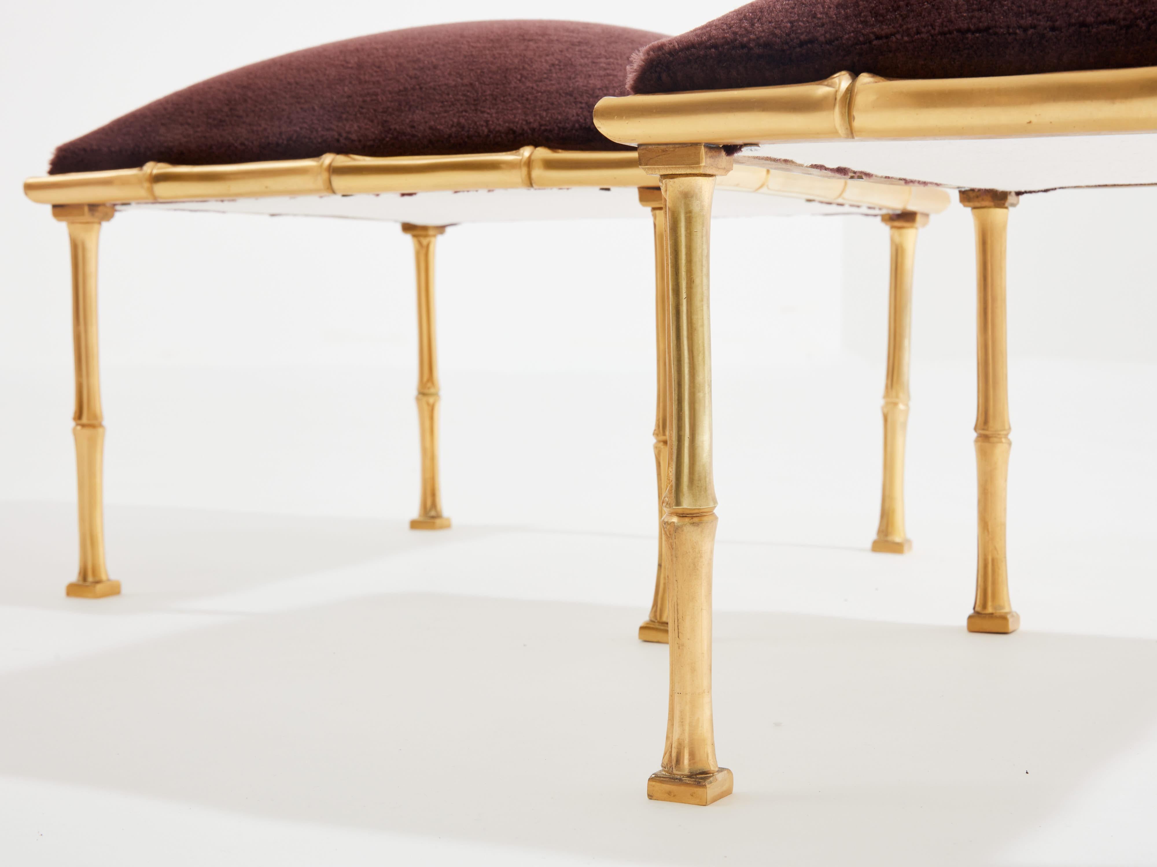 Mid-20th Century Maison Baguès pair of bamboo brass mohair velvet footstools 1960s For Sale