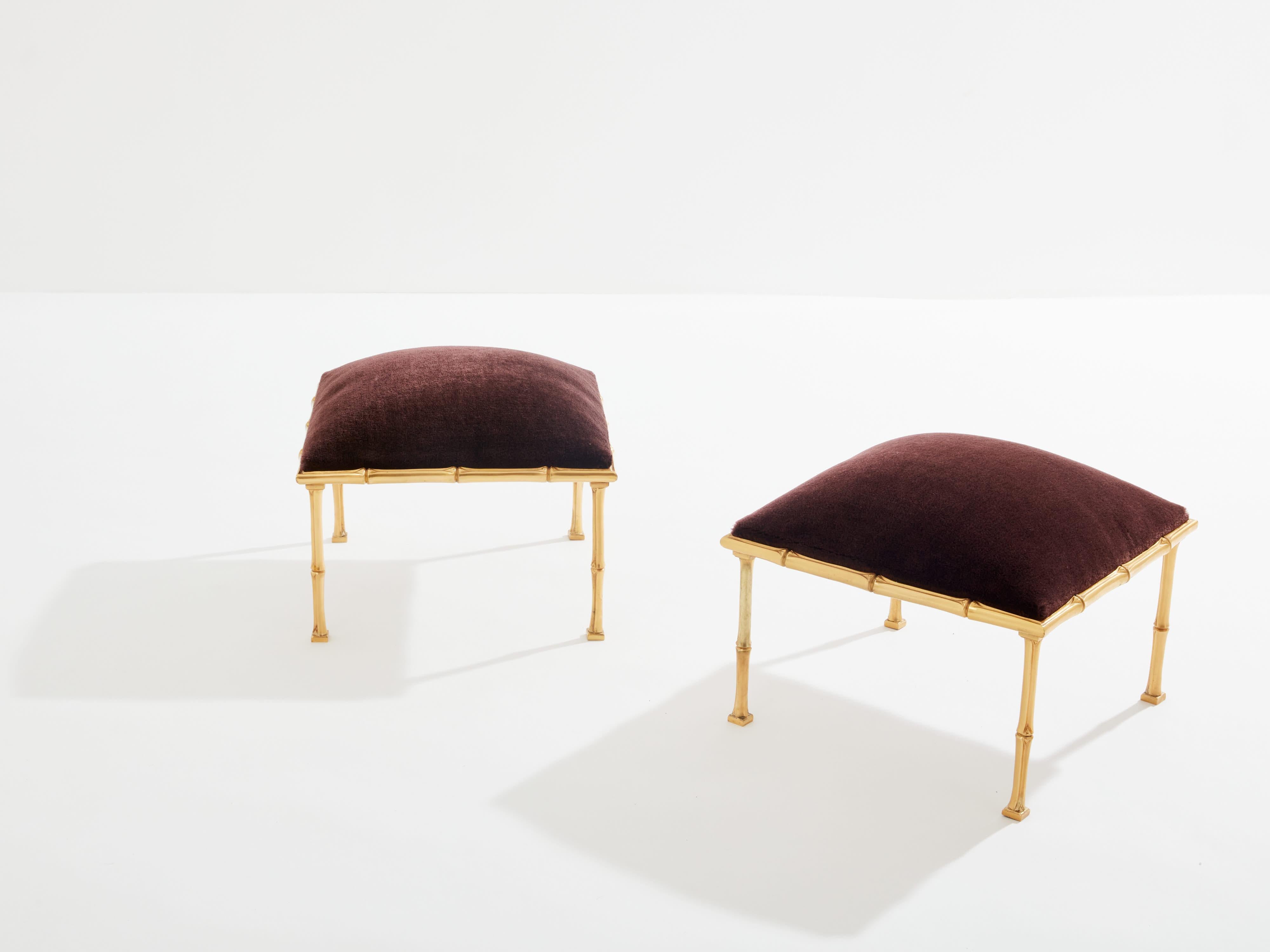 Velvet Maison Baguès pair of bamboo brass mohair velvet footstools 1960s For Sale