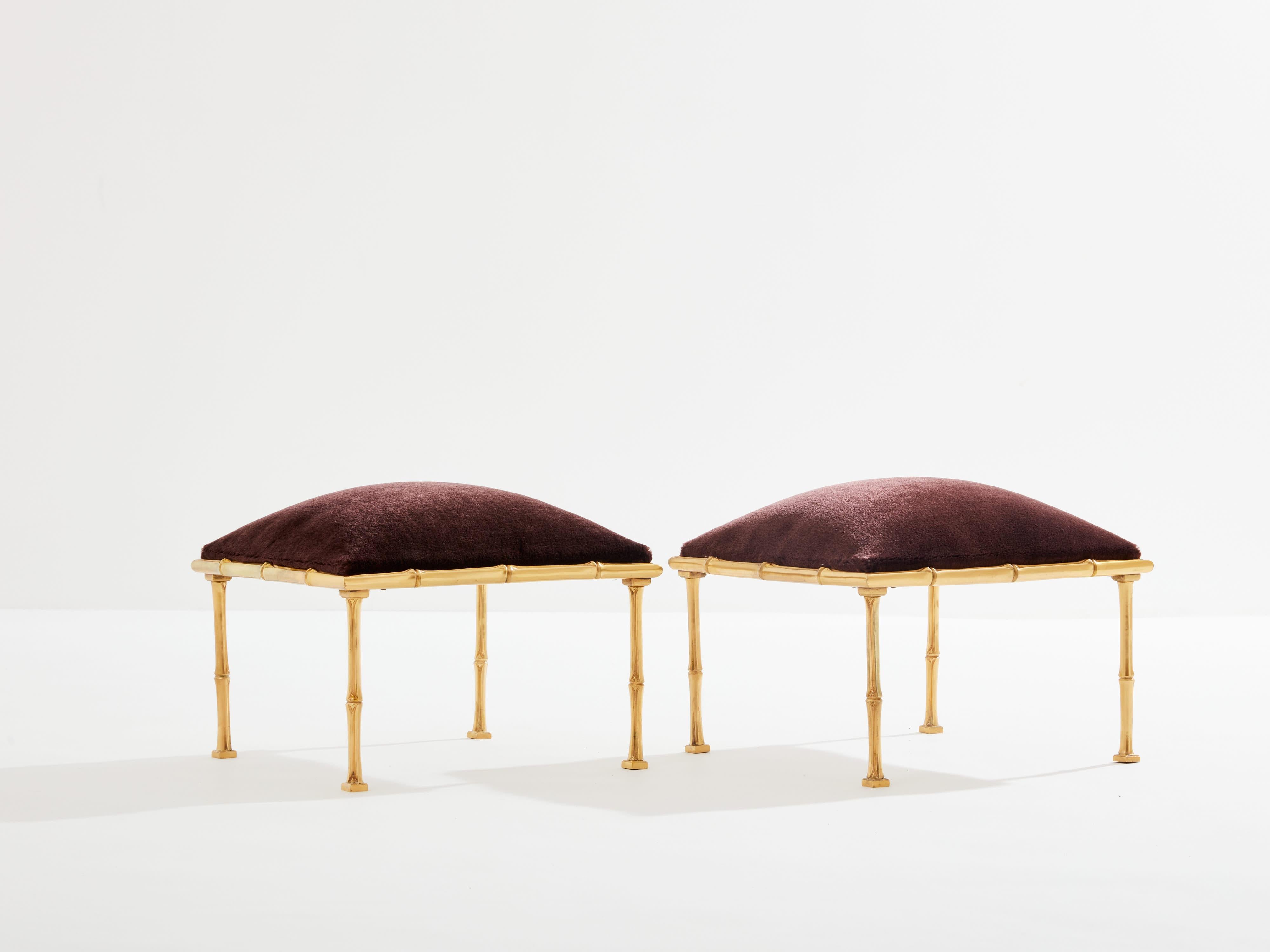 Maison Baguès pair of bamboo brass mohair velvet footstools 1960s For Sale 1