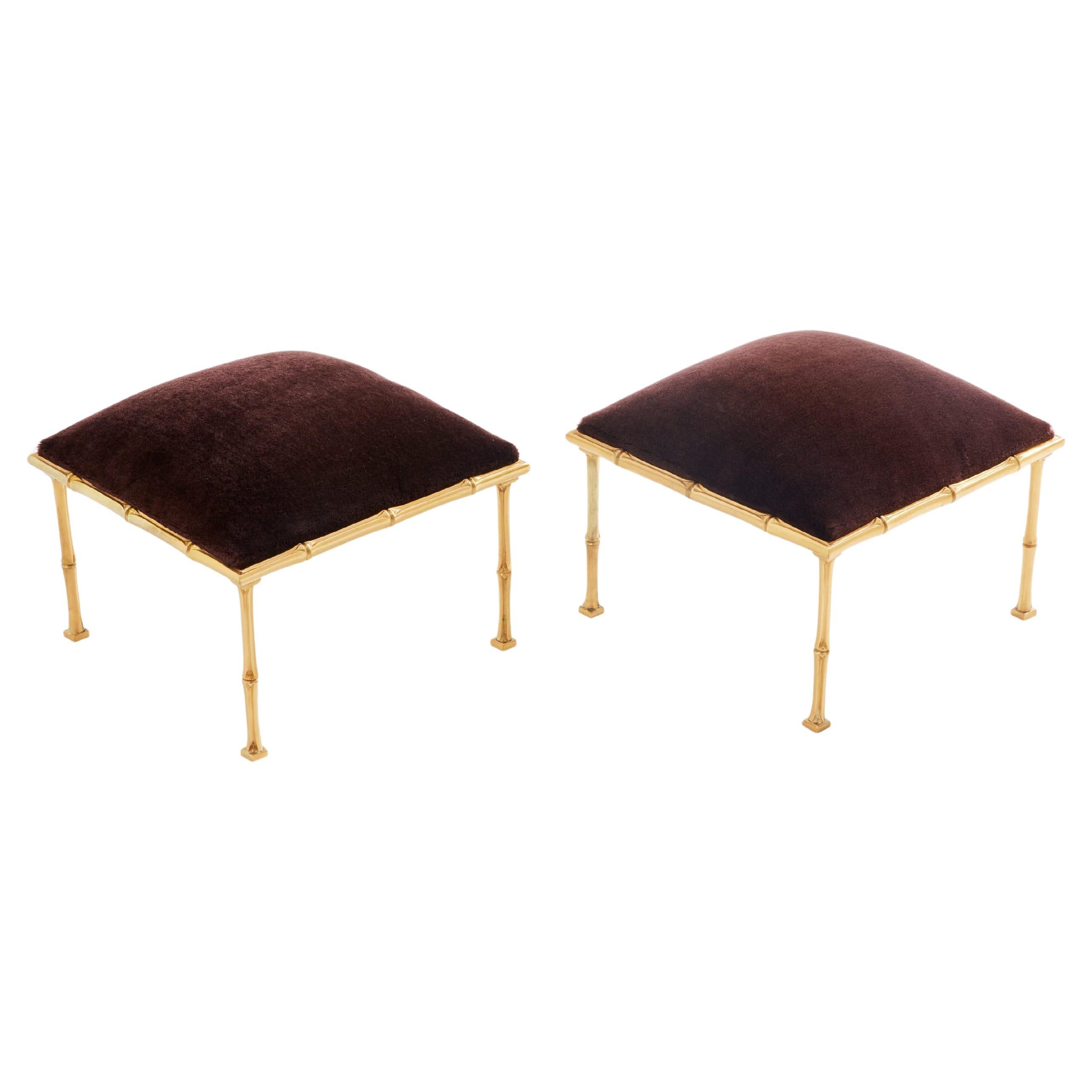 Maison Baguès pair of bamboo brass mohair velvet footstools 1960s For Sale