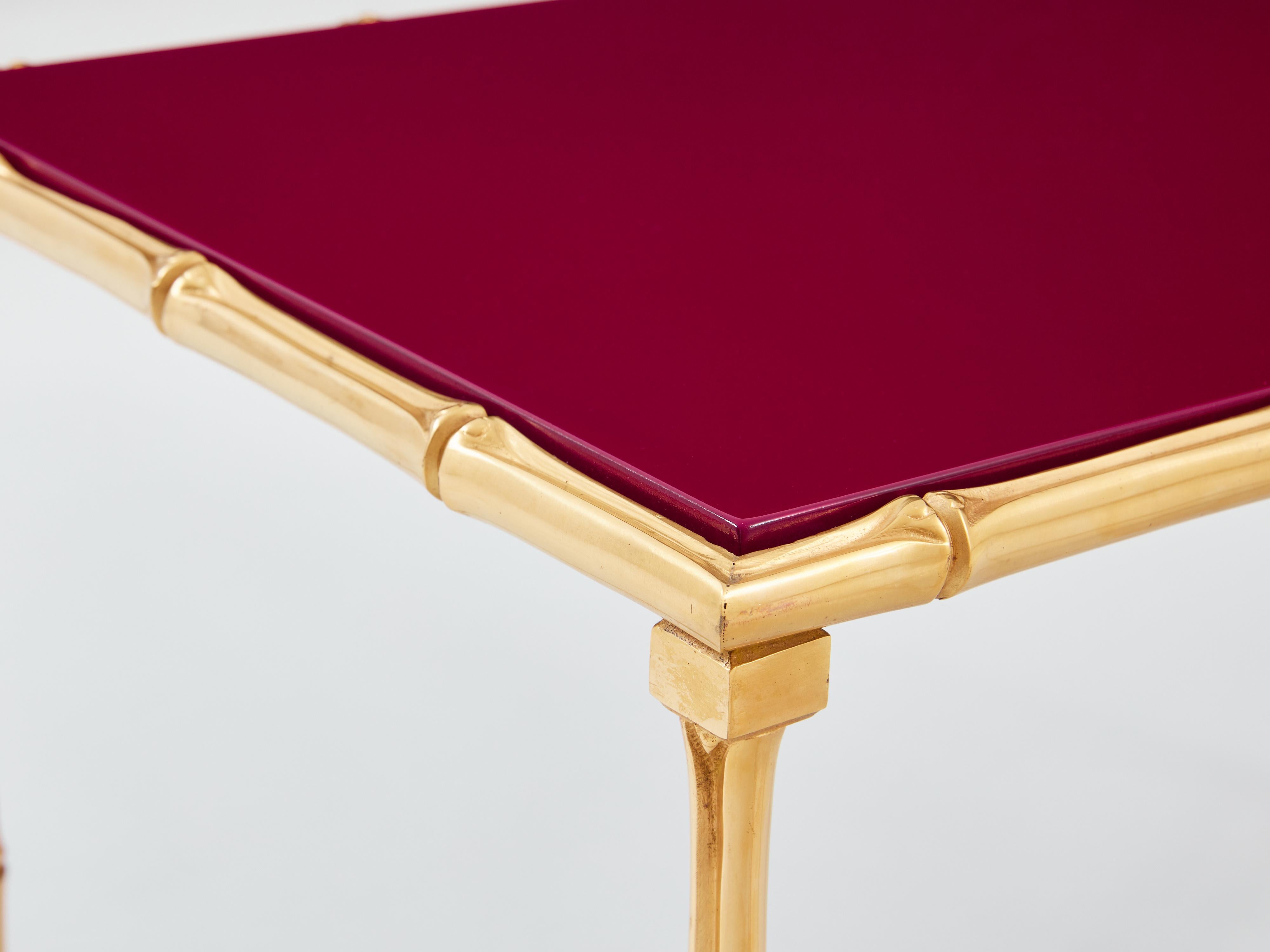 Mid-Century Modern Maison Baguès pair of bamboo brass red lacquer end tables 1960s For Sale