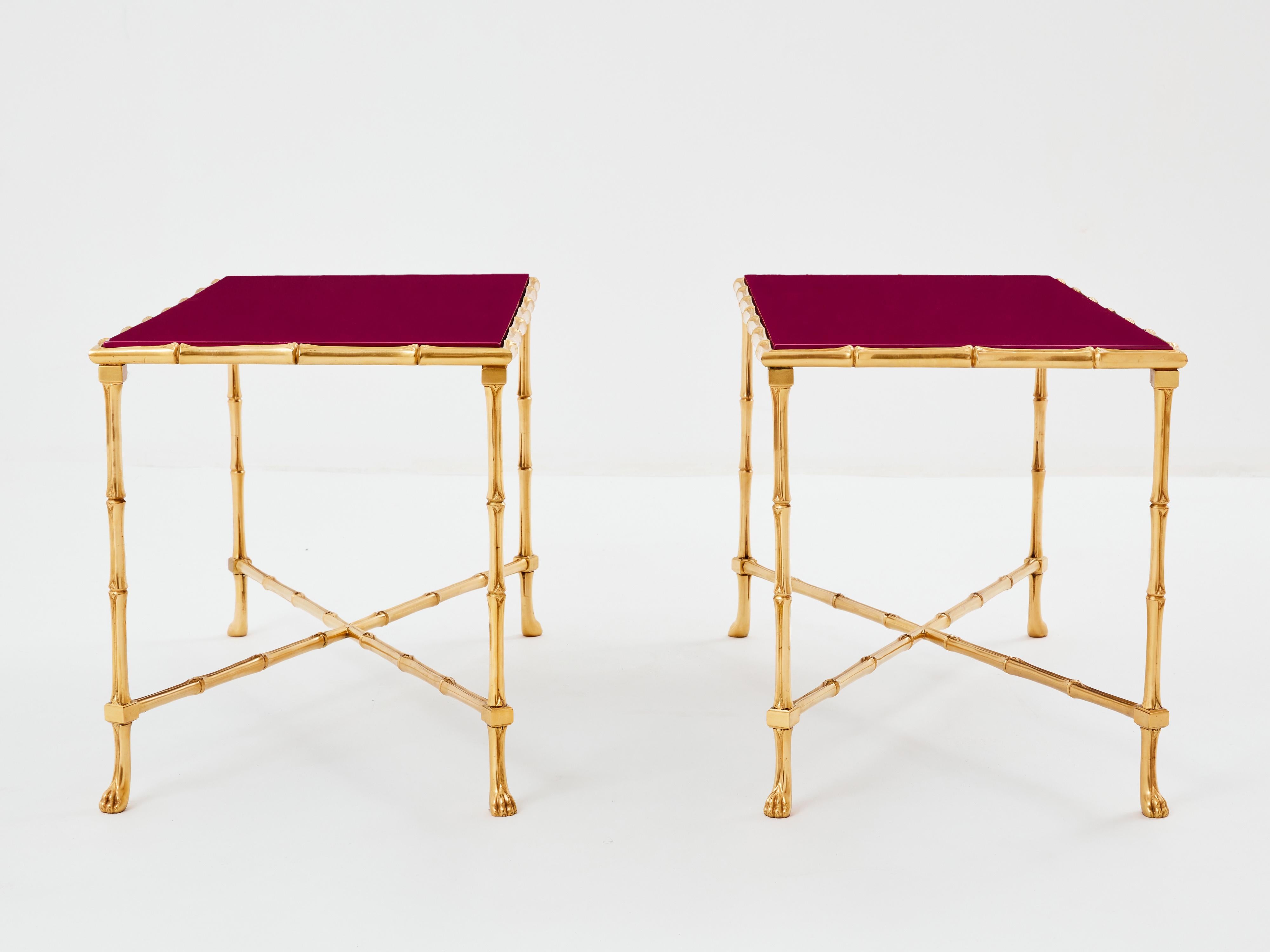Lacquered Maison Baguès pair of bamboo brass red lacquer end tables 1960s For Sale