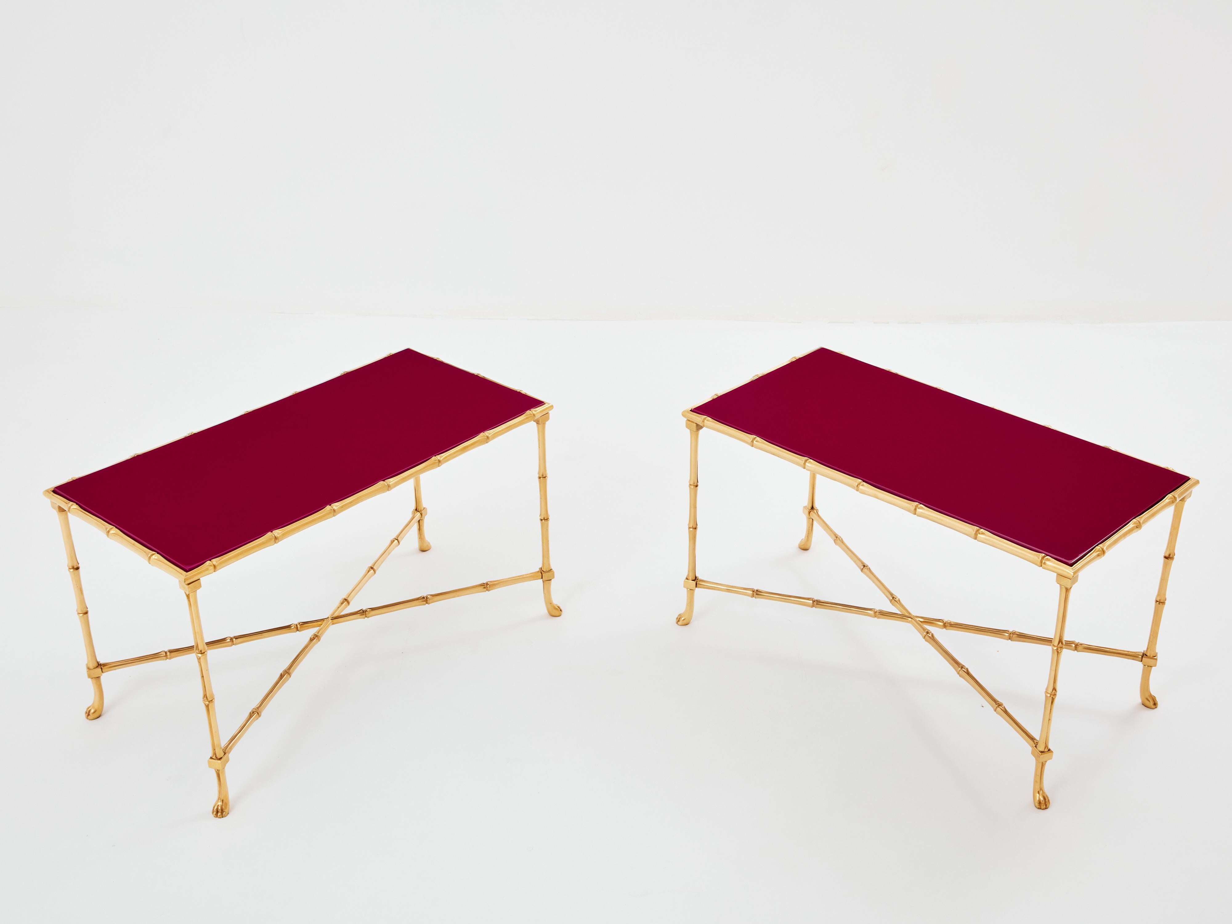 Brass Maison Baguès pair of bamboo brass red lacquer end tables 1960s For Sale