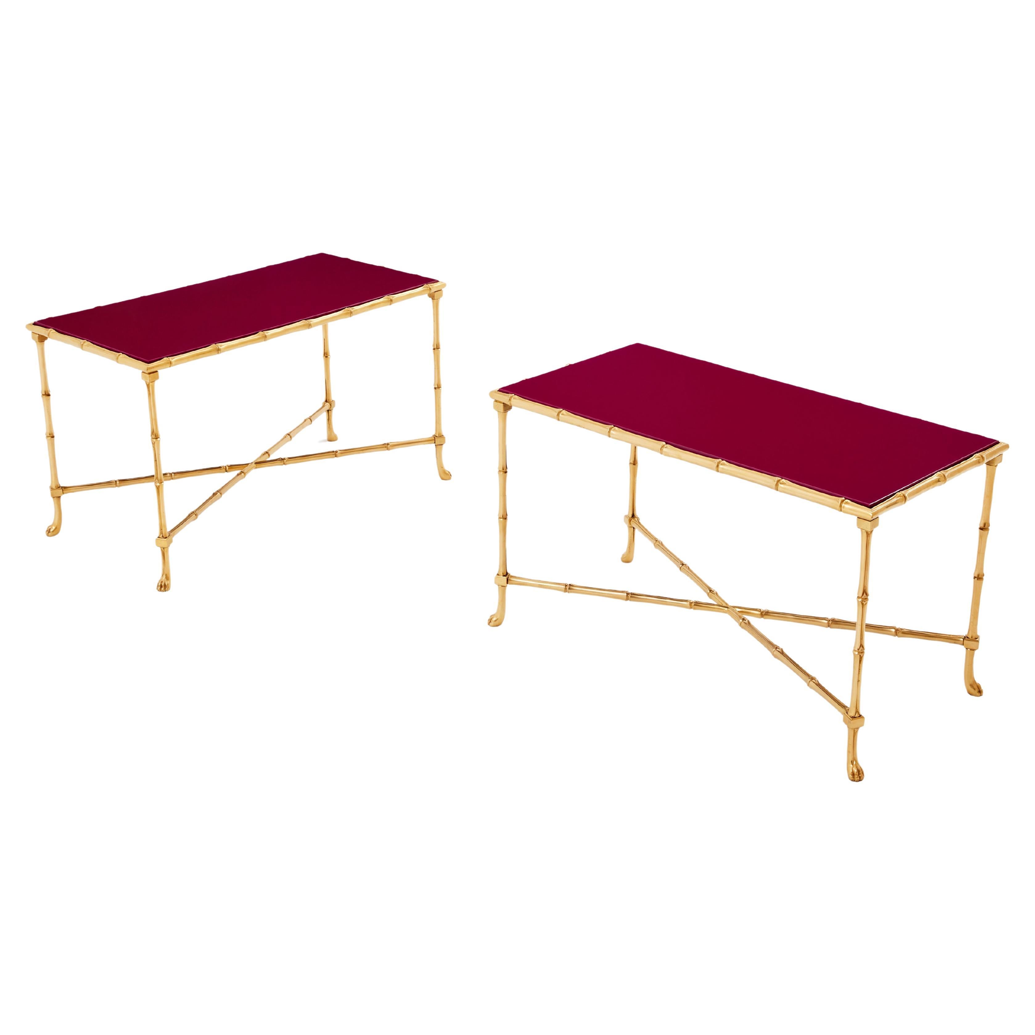 Maison Baguès pair of bamboo brass red lacquer end tables 1960s For Sale