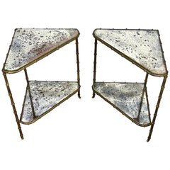 Maison Baguès Pair of Faux Bamboo Brass Mirror Nesting Corner Table France 1950s