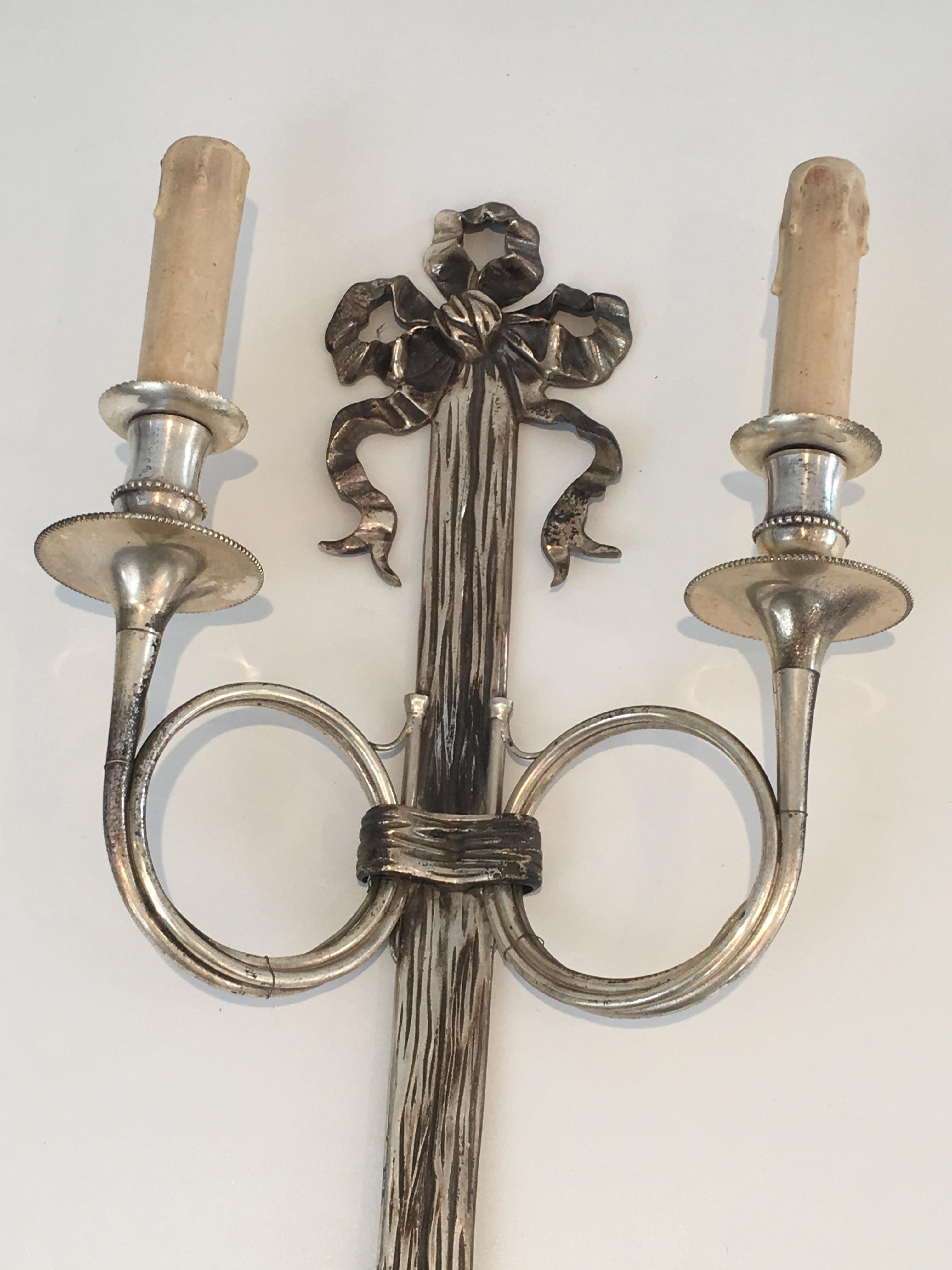 Maison Baguès, Pair of Neoclassical Style Tall Silvered Bronze Wall Sconces W 5